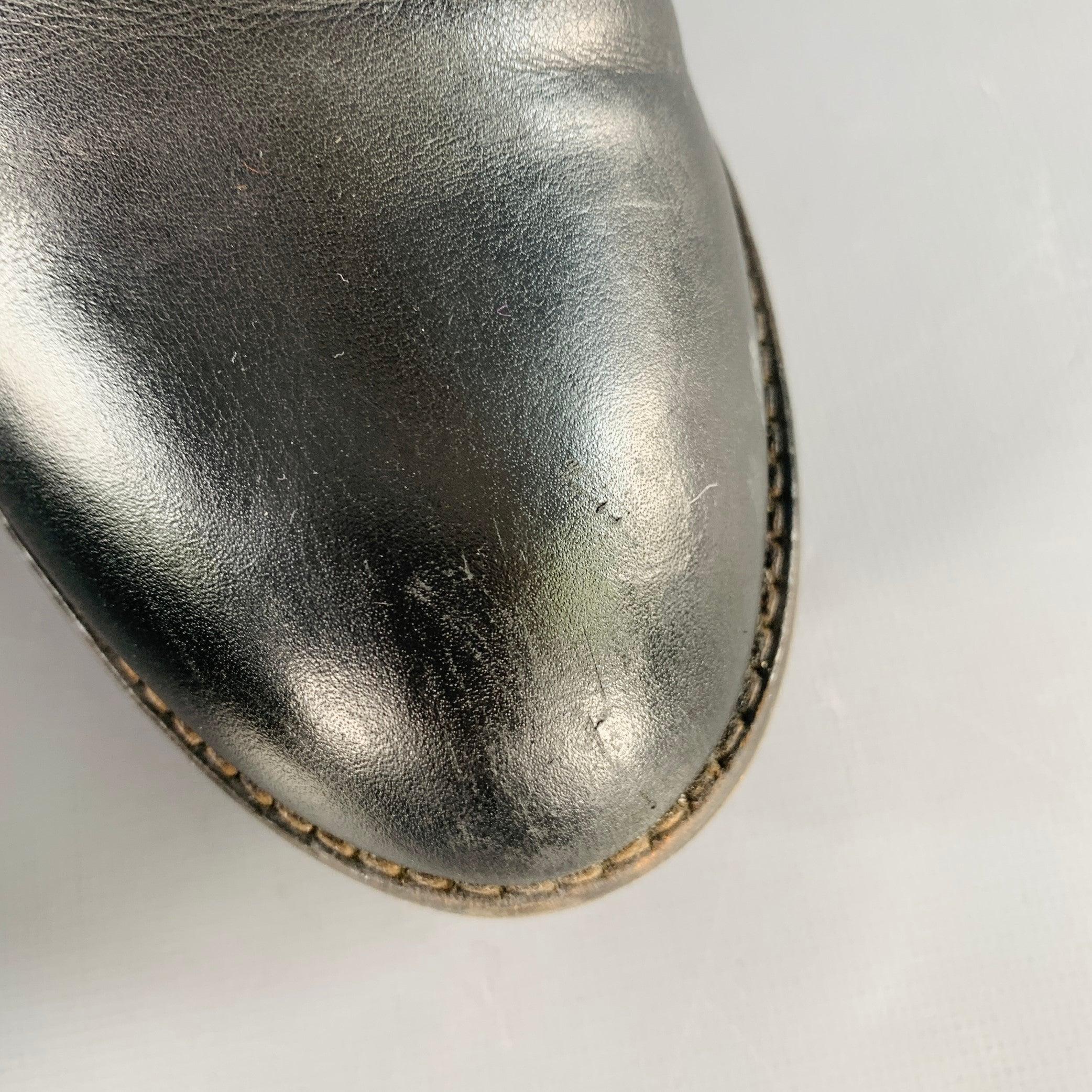 MONCLER Size 10 Black Brown Leather Knee High Crepe Sole Wedge Boots For Sale 4