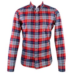 MONCLER Size M Blue Navy Red Plaid Cotton Button Down Collar Long Sleeve Shirt