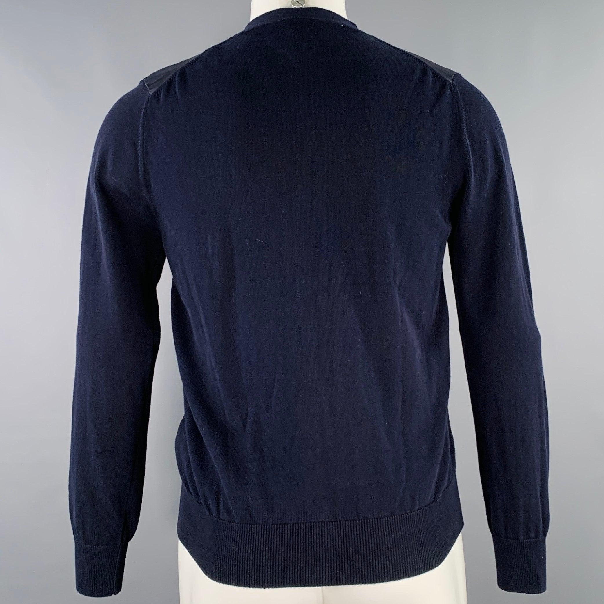 MONCLER Size S Navy Mixed Fabrics Cotton V-Neck Cardigan In Excellent Condition For Sale In San Francisco, CA
