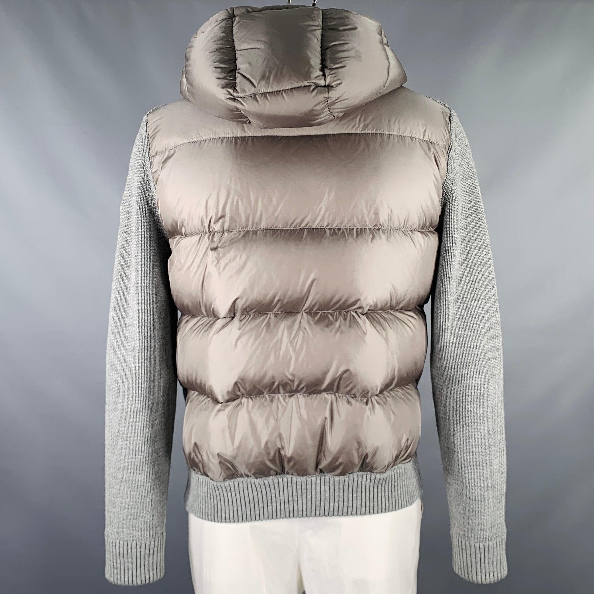 MONCLER Size XL Grey Knit Wool Acrylic Hooded Jacket In Excellent Condition For Sale In San Francisco, CA