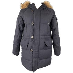 MONCLER Größe XXL G32-003 Marineblauer gesteppter Wollmantel mit Reißverschluss & geknöpfter Kapuzen-Parka