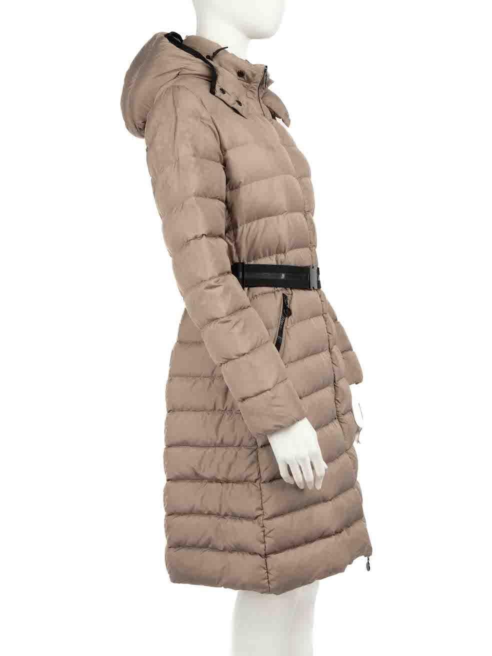 CONDITION is Good. General wear to coat is evident. Moderate signs of wear to the front, back and sleeves with water marks and plucks to the weave. The belt clasp also has chips to the paint on this used Moncler designer resale item.
