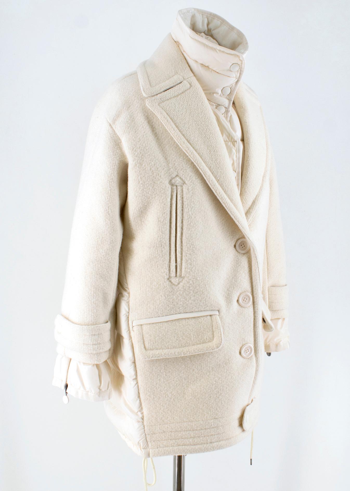 Moncler White Double Layer Down and Wool Coat

- White, heavy-weight, double  layer down and wool coat
- Filled with pure white goose down
- Wool-blend shell, with a insulating down and feather-filled internal layer and at the back
- Centre-front