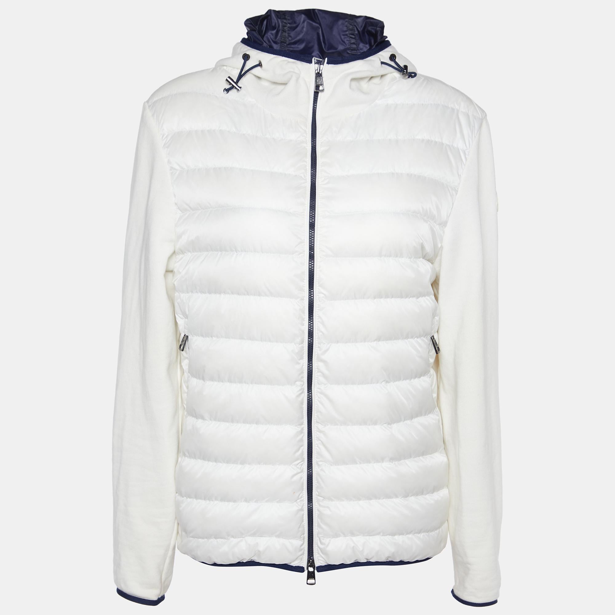 Women's Moncler White Quilted & Knit Zip Up Hooded Cardigan L For Sale