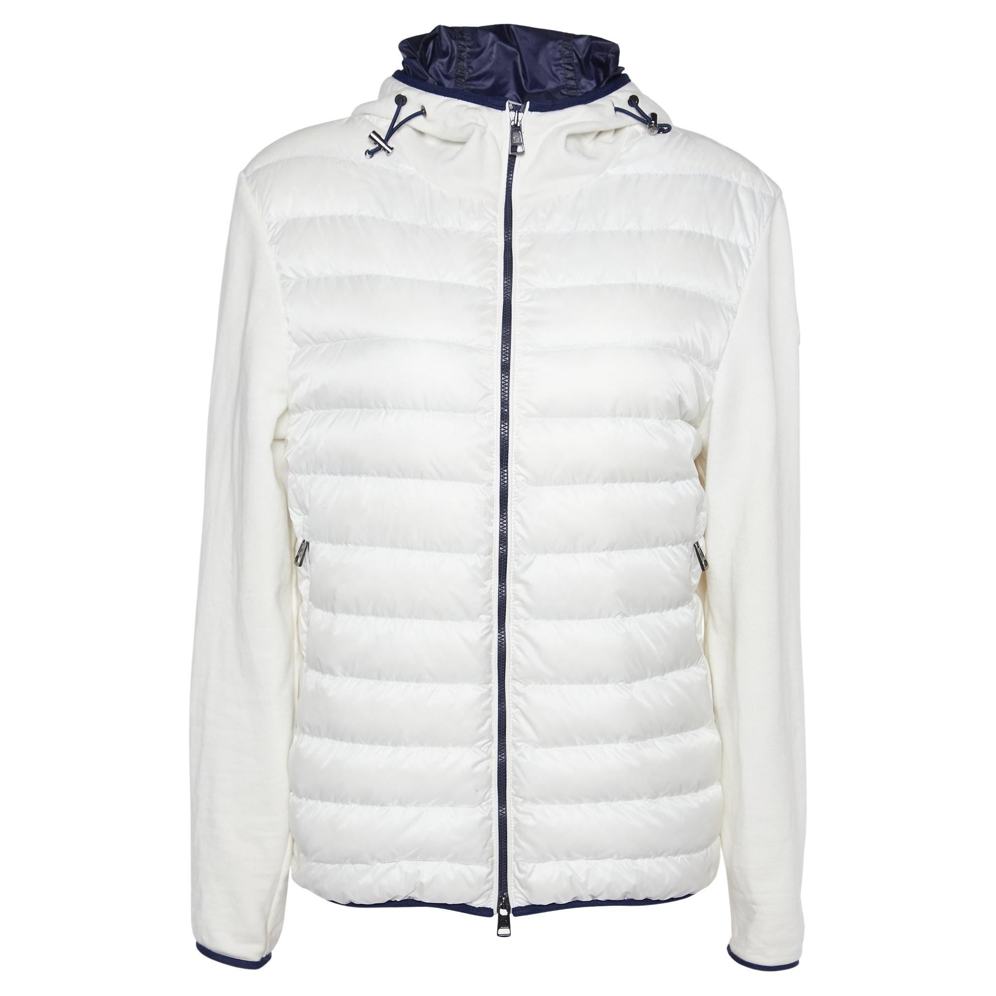 Moncler White Quilted & Knit Zip Up Hooded Cardigan L For Sale