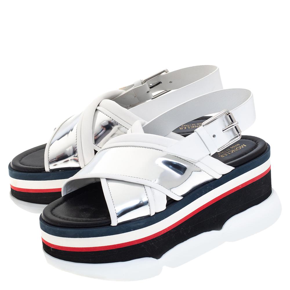 Moncler White/Silver Patent and Leather Zelda Platform Sandals Size 37 2
