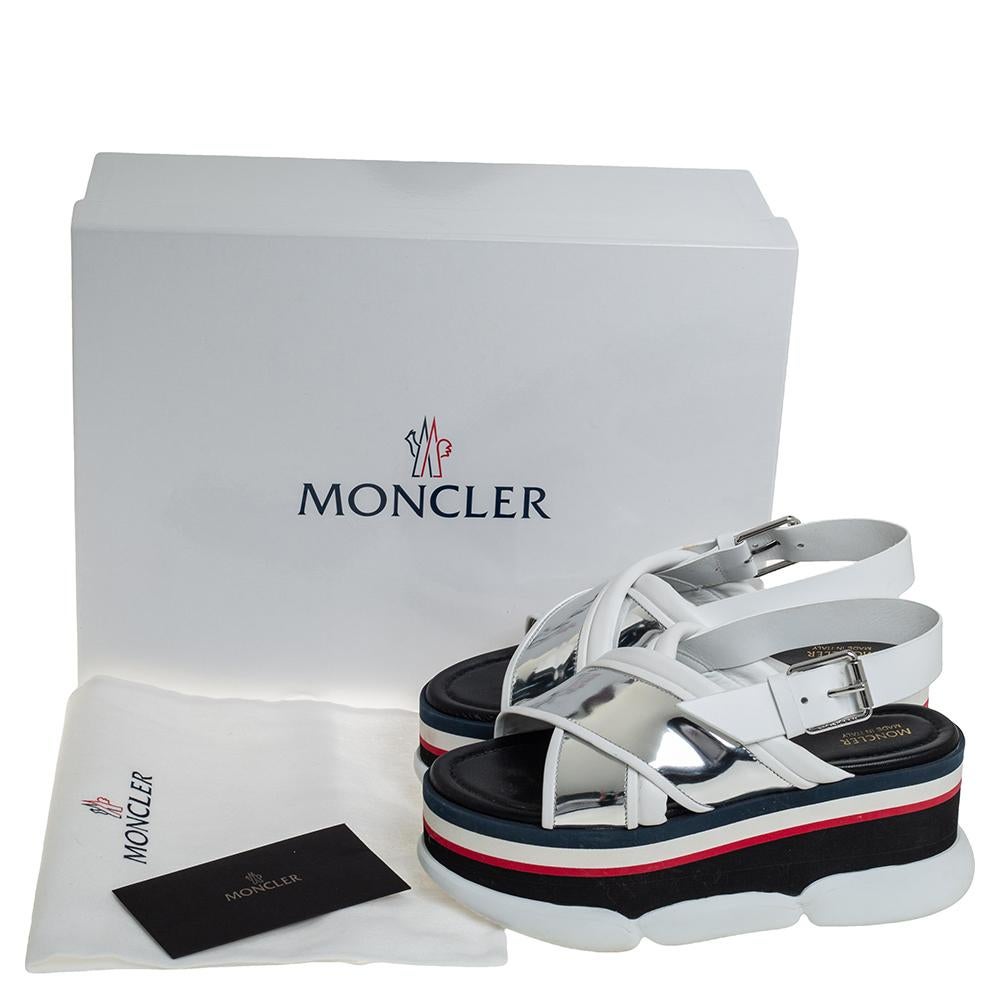 Moncler White/Silver Patent and Leather Zelda Platform Sandals Size 37 3