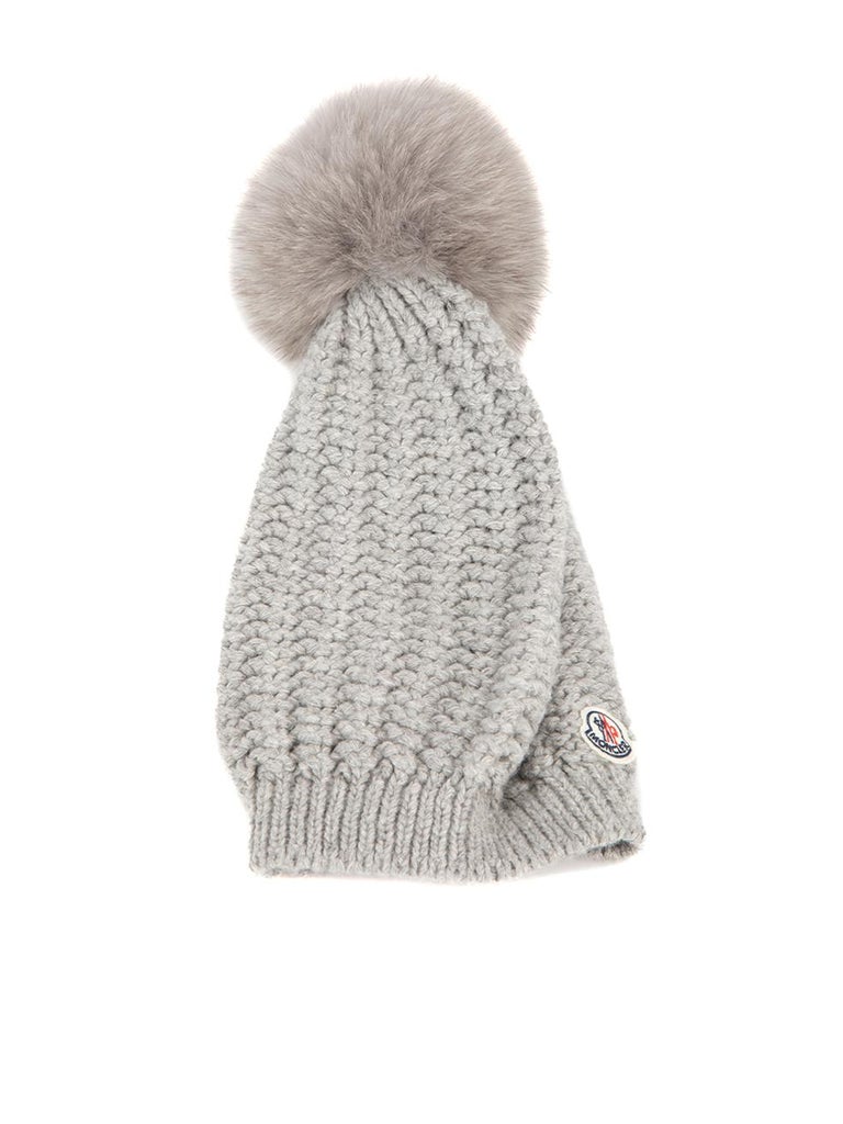 Moncler Women's Grey Pom Accent Knit Beanie For Sale