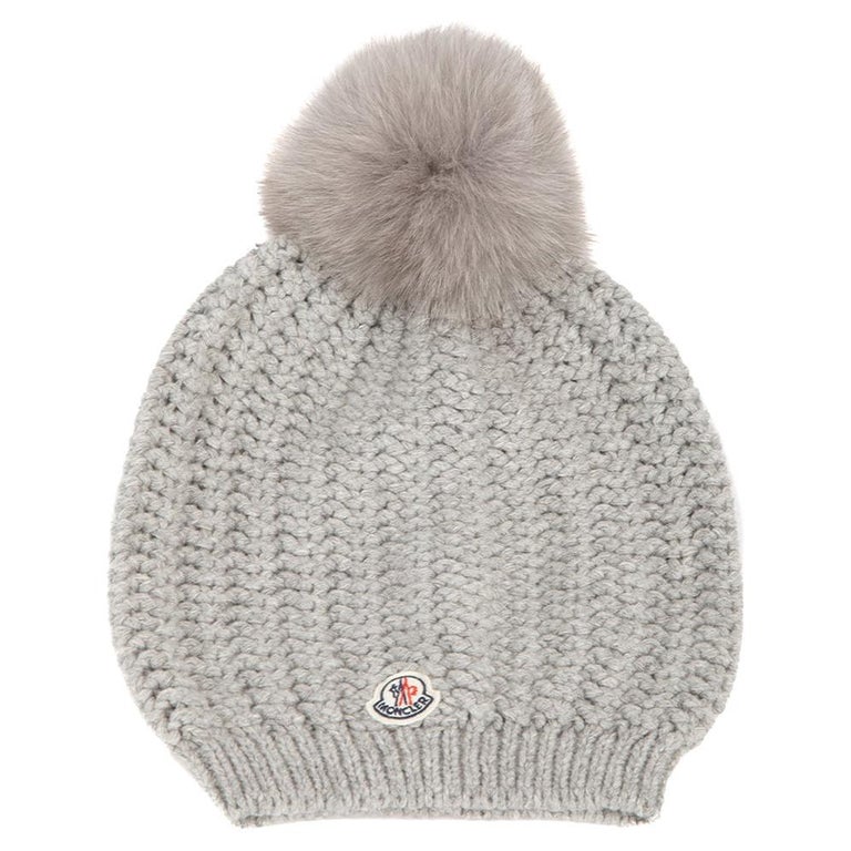 Moncler Women's Grey Pom Accent Knit Beanie For Sale