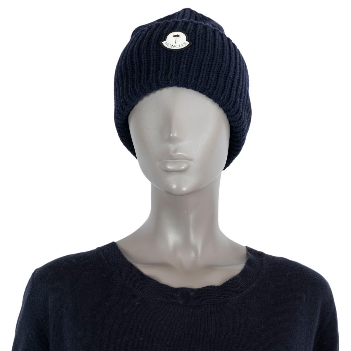 MONCLER x PALM ANGELS navy blue wool KNIT Beanie Knit Hat One Size In Excellent Condition In Zürich, CH