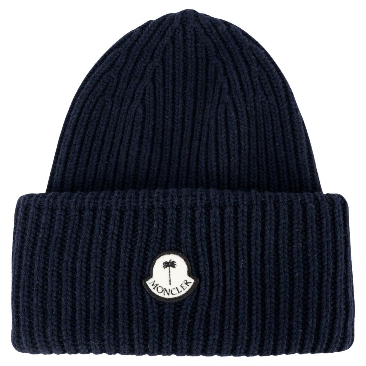MONCLER x PALM ANGELS navy blue wool KNIT Beanie Knit Hat One Size