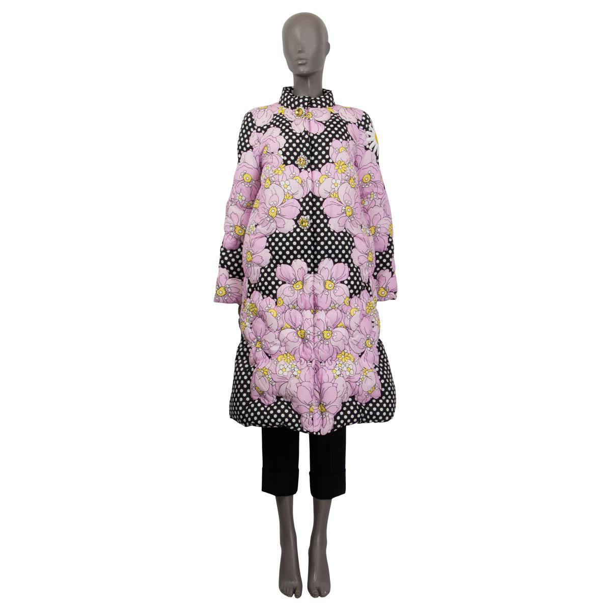 100% authentic Moncler x Richard Quinn puffer coat in pink ,black, white and yellow polyamide (100%). Features a flower and polka dots print, a high neck and crystal flower buttons on the front. Has two zip pockets on the sides. Opens with push