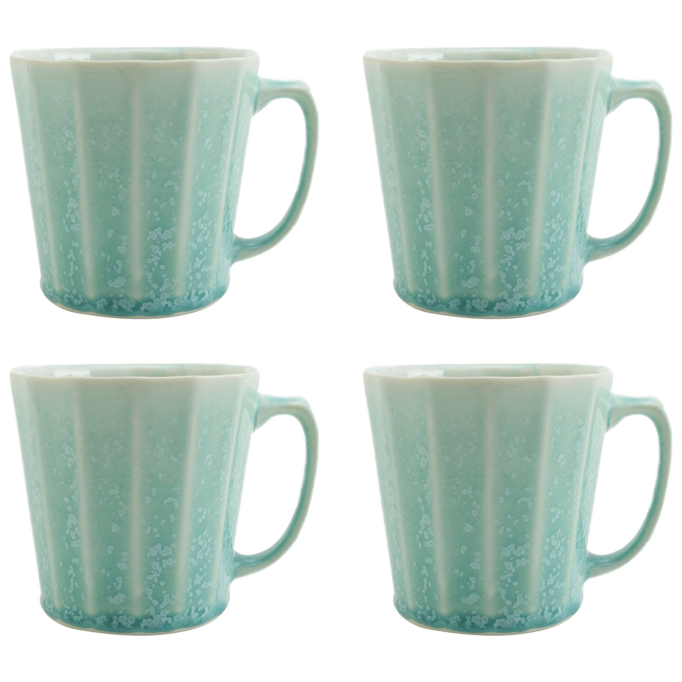 Monday Mug Crystal Green Set of Four Coffee Mug Contemporary Glazed Porcelain For Sale
