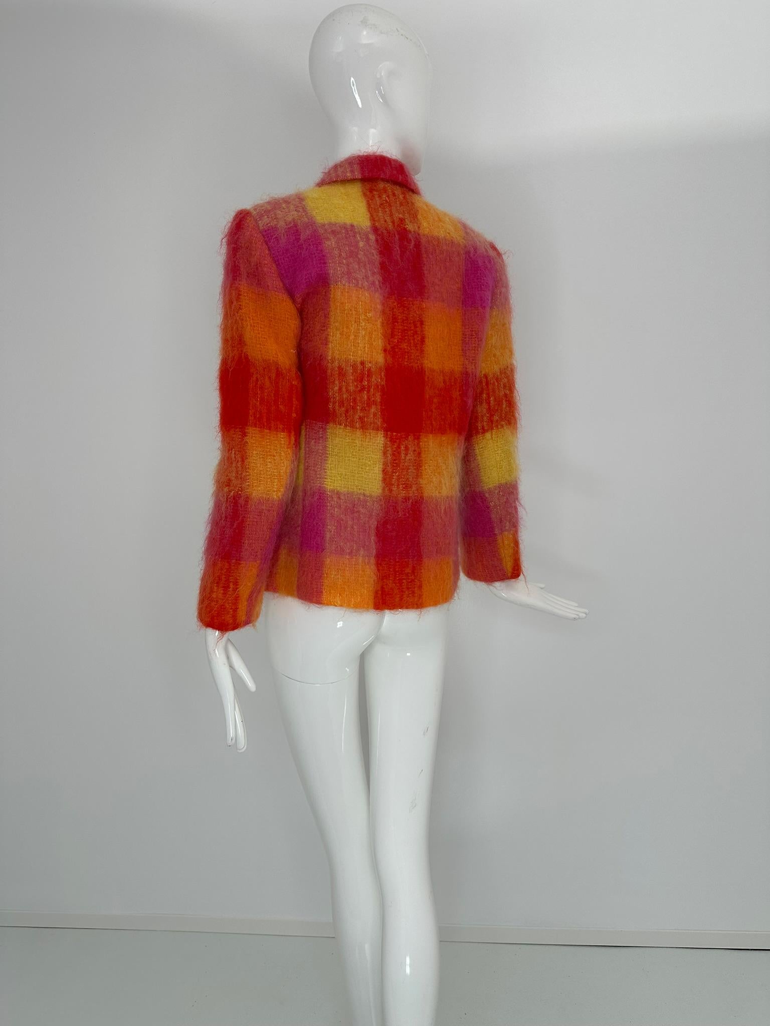 Mondi Mohair Angora Chashmere Plaid Jacket Hot Pink Orange Yellow  34 For Sale 5