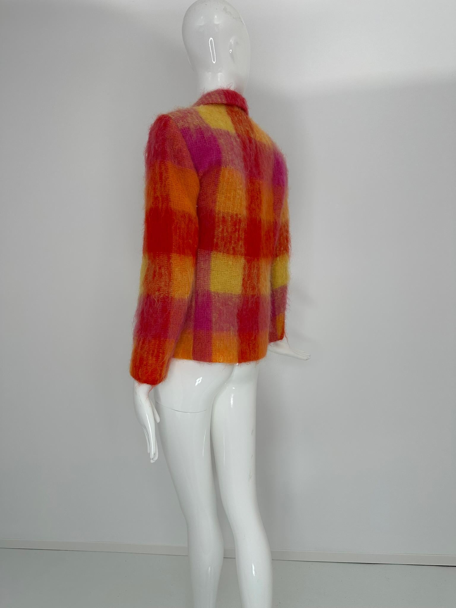 Mondi Mohair Angora Chashmere Plaid Jacket Hot Pink Orange Yellow  34 For Sale 6