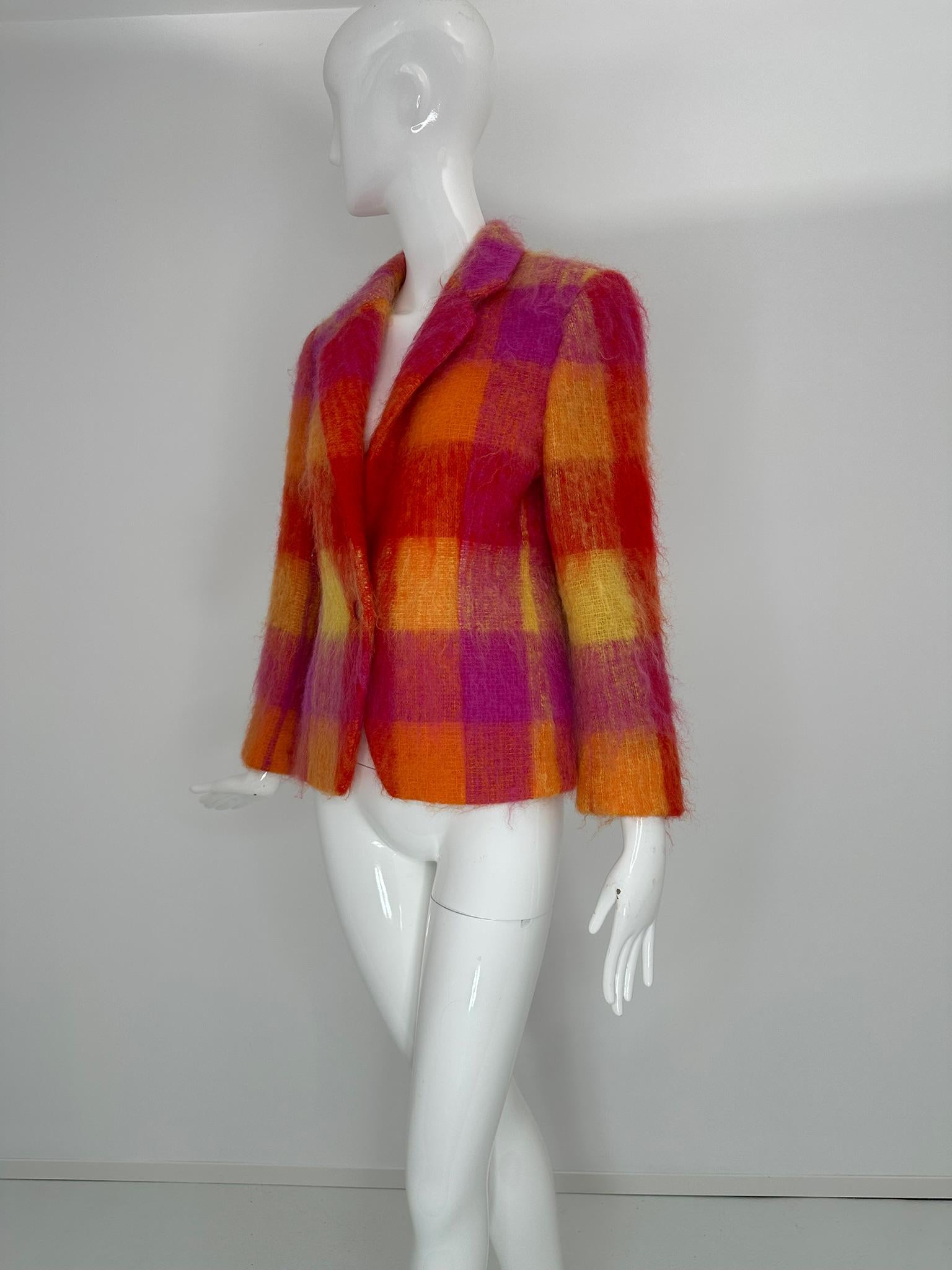 Mondi Mohair Angora Chashmere Plaid Jacket Hot Pink Orange Yellow  34 For Sale 11