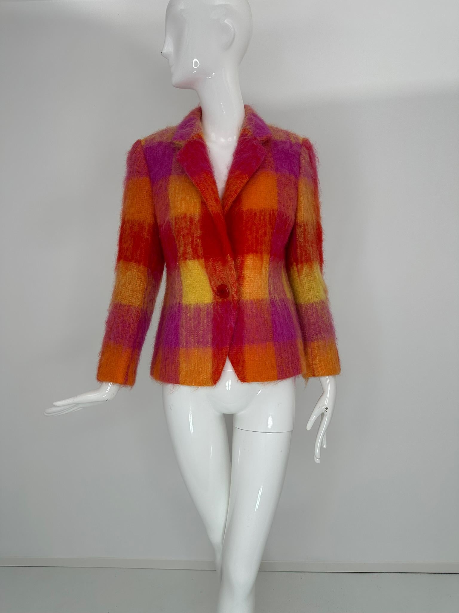 Mondi Mohair Angora Chashmere Plaid Jacket Hot Pink Orange Yellow  34 For Sale 12