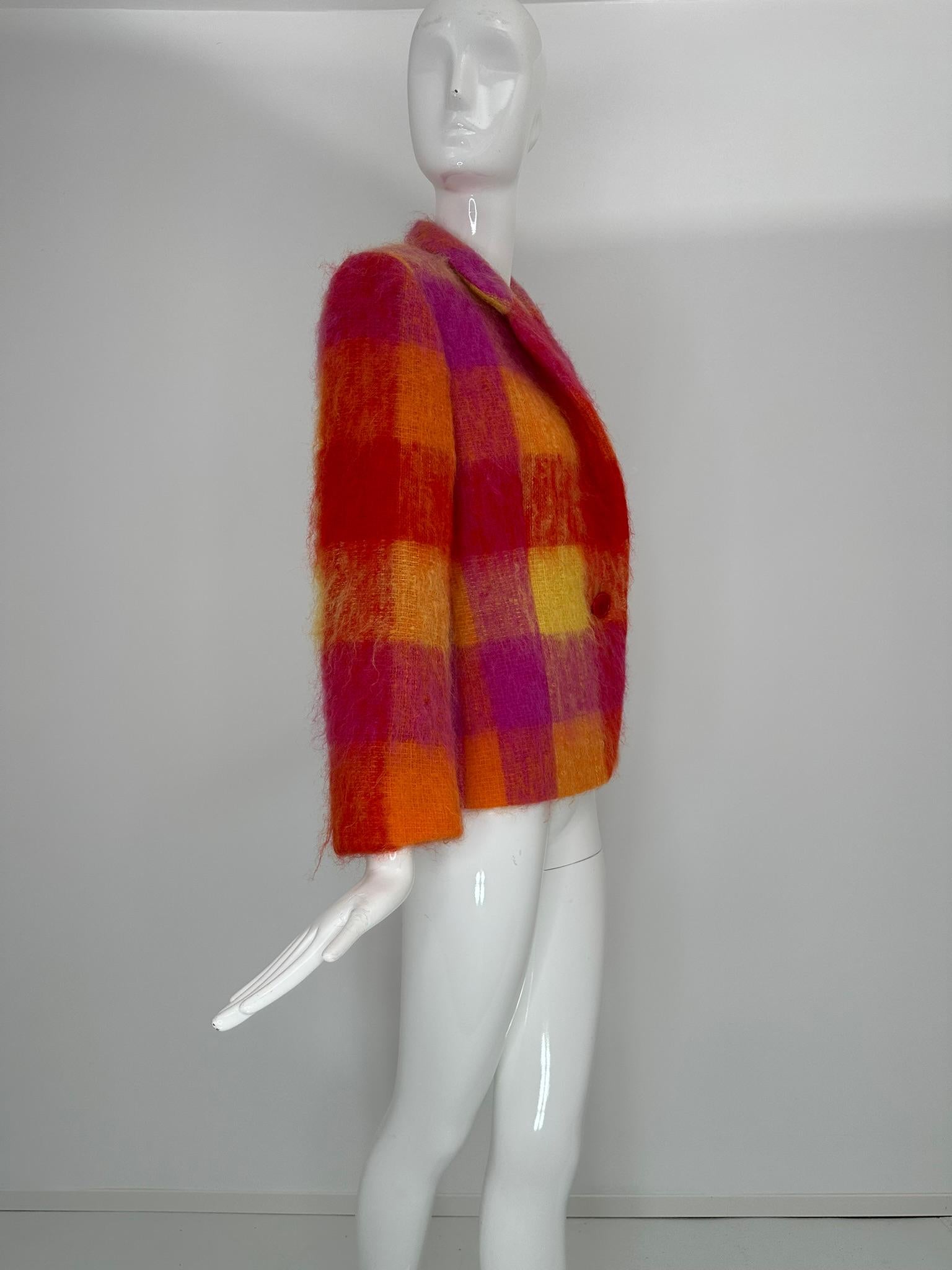 Red Mondi Mohair Angora Chashmere Plaid Jacket Hot Pink Orange Yellow  34 For Sale