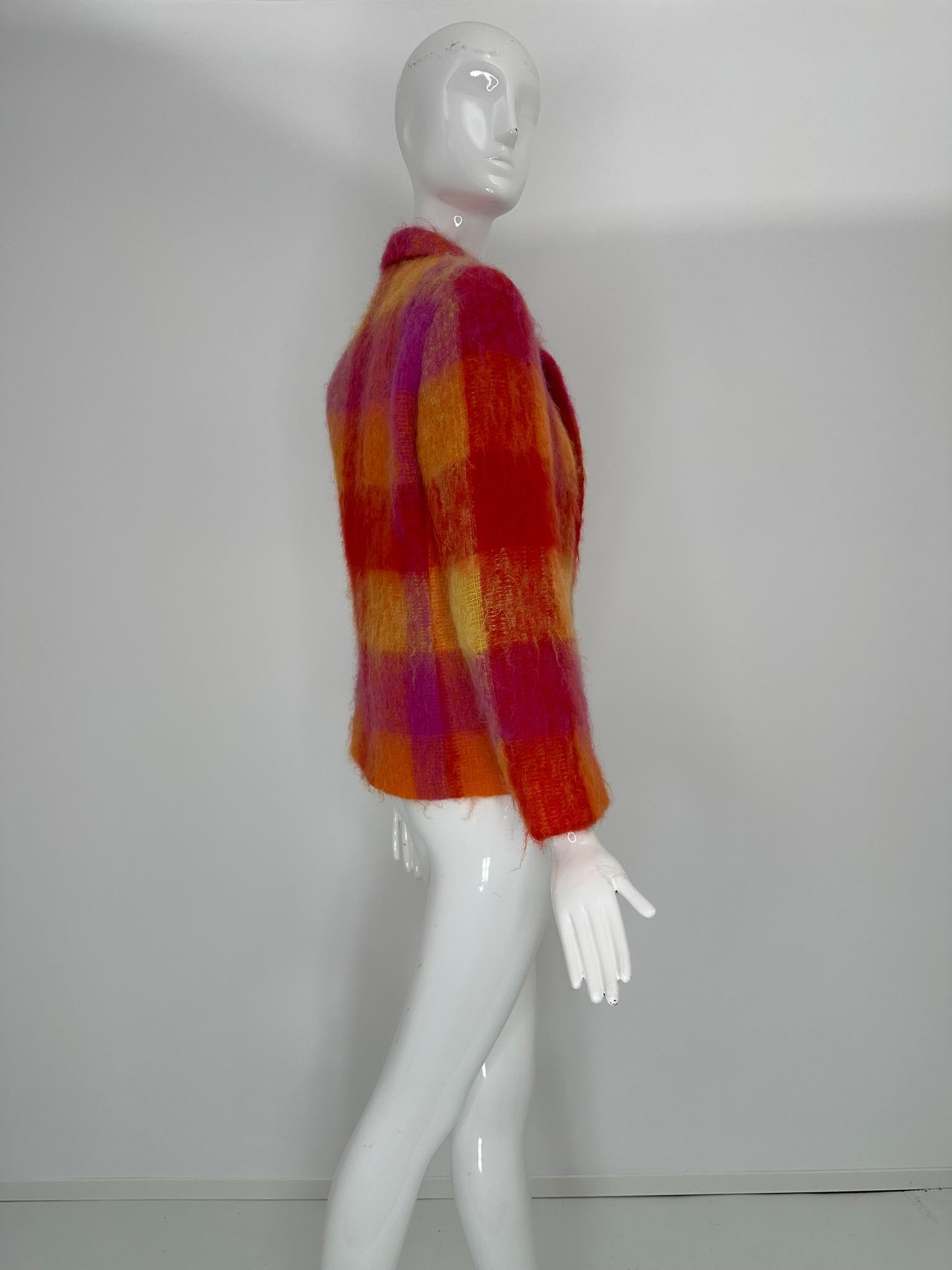 Women's Mondi Mohair Angora Chashmere Plaid Jacket Hot Pink Orange Yellow  34 For Sale