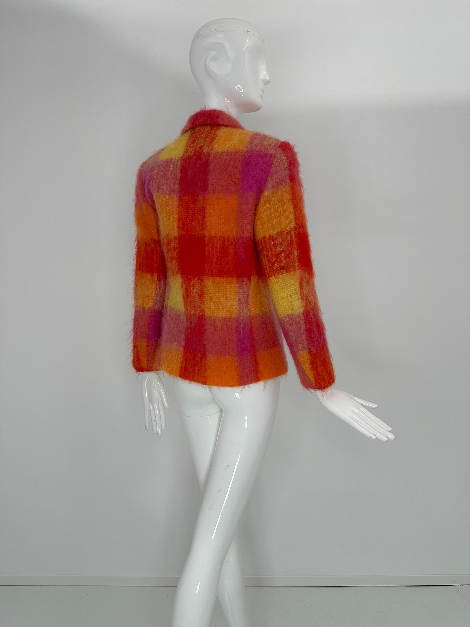 Mondi Mohair Angora Chashmere Plaid Jacket Hot Pink Orange Yellow  34 For Sale 2