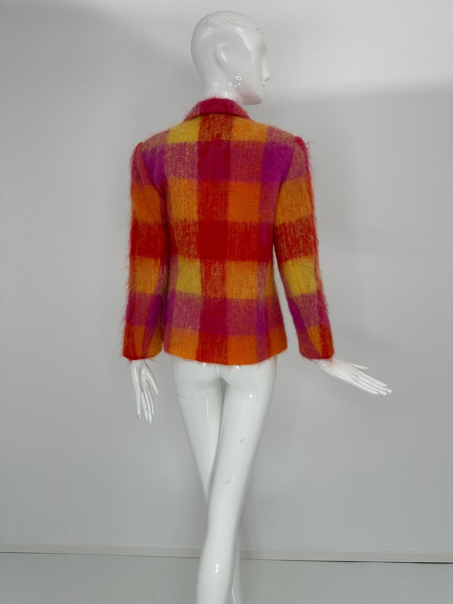 Mondi Mohair Angora Chashmere Plaid Jacket Hot Pink Orange Yellow  34 For Sale 3