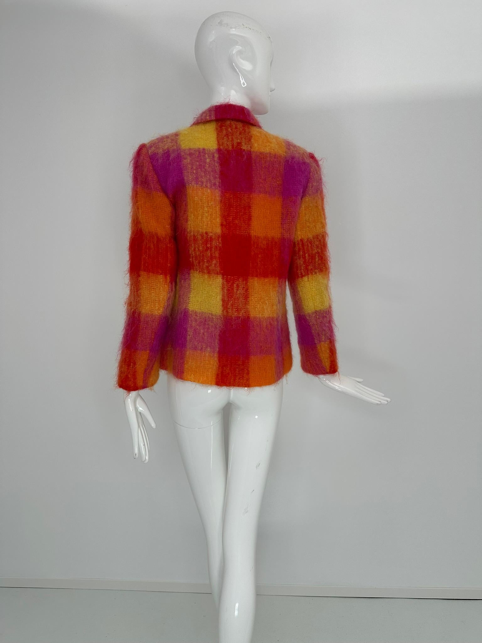 Mondi Mohair Angora Chashmere Plaid Jacket Hot Pink Orange Yellow  34 For Sale 4