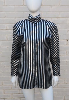 Mondi Tuxedo Style Silver Lamé & Black Stripe Top, 1980's