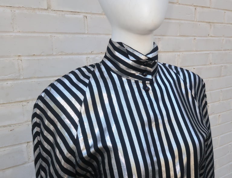 Mondi Tuxedo Style Silver Lamé and Black Stripe Top, 1980's at 1stDibs