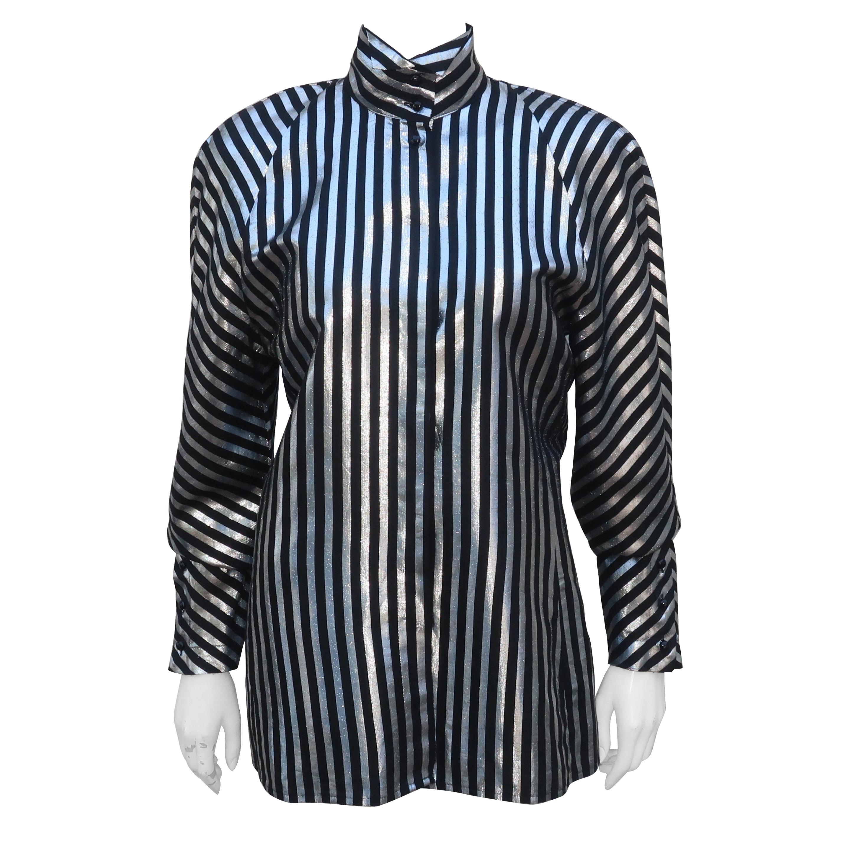 Mondi Tuxedo Style Silver Lamé and Black Stripe Top, 1980's at 1stDibs