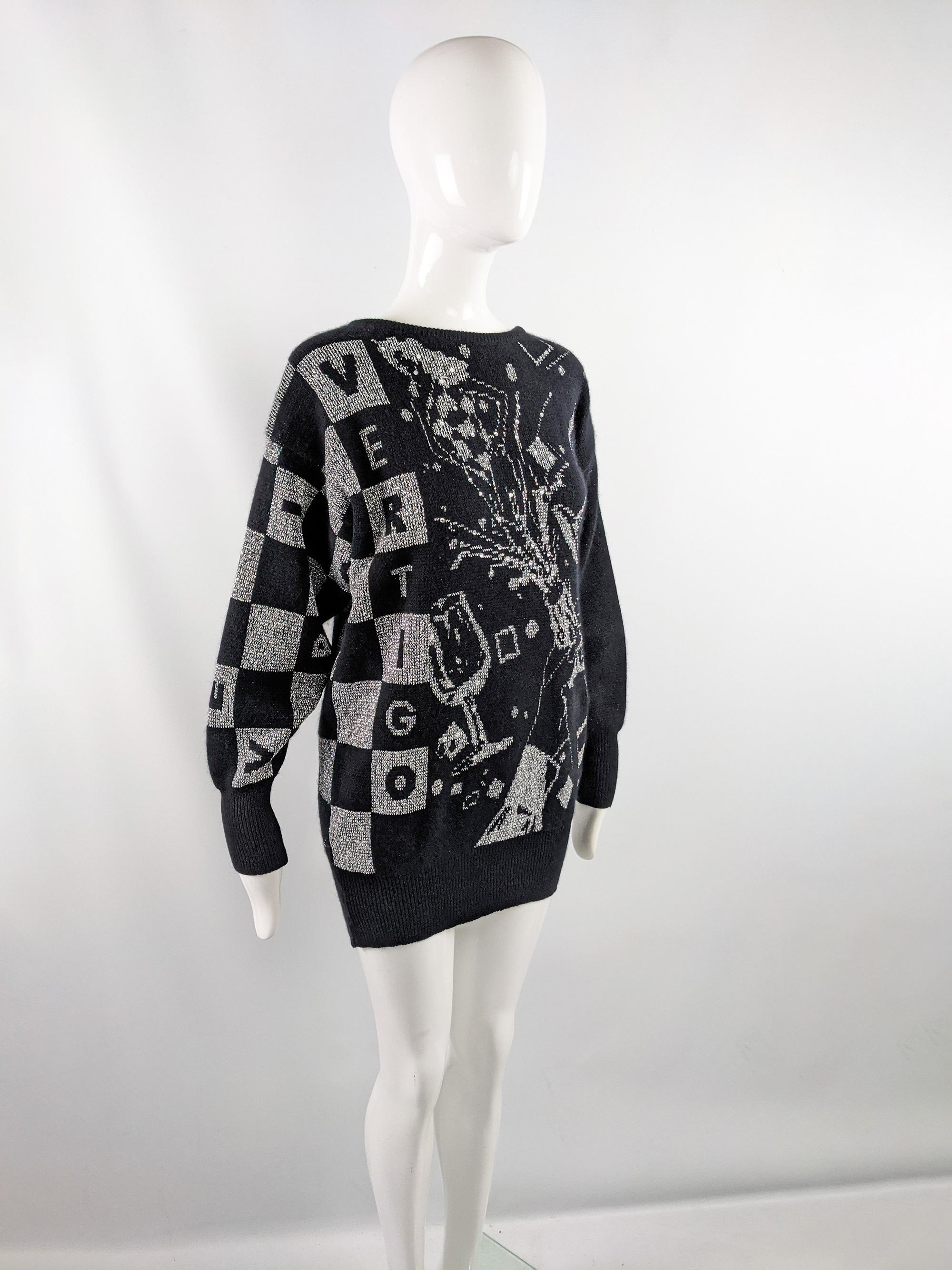 Mondi Vintage 80s Black & Silver Lurex Champagne Intarsia Knit Sweater, 1980s In Good Condition For Sale In Doncaster, South Yorkshire