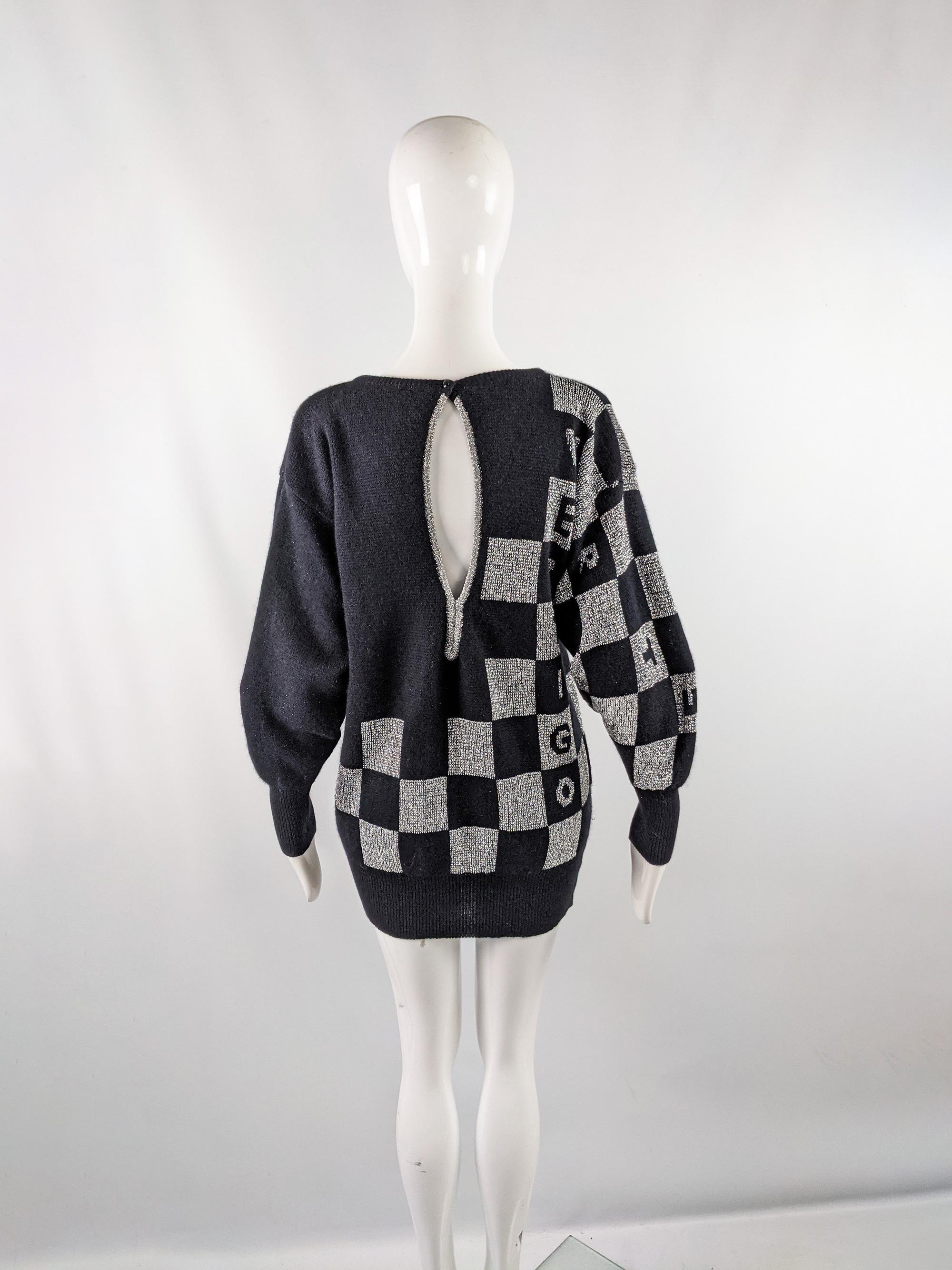 Women's Mondi Vintage 80s Black & Silver Lurex Champagne Intarsia Knit Sweater, 1980s For Sale