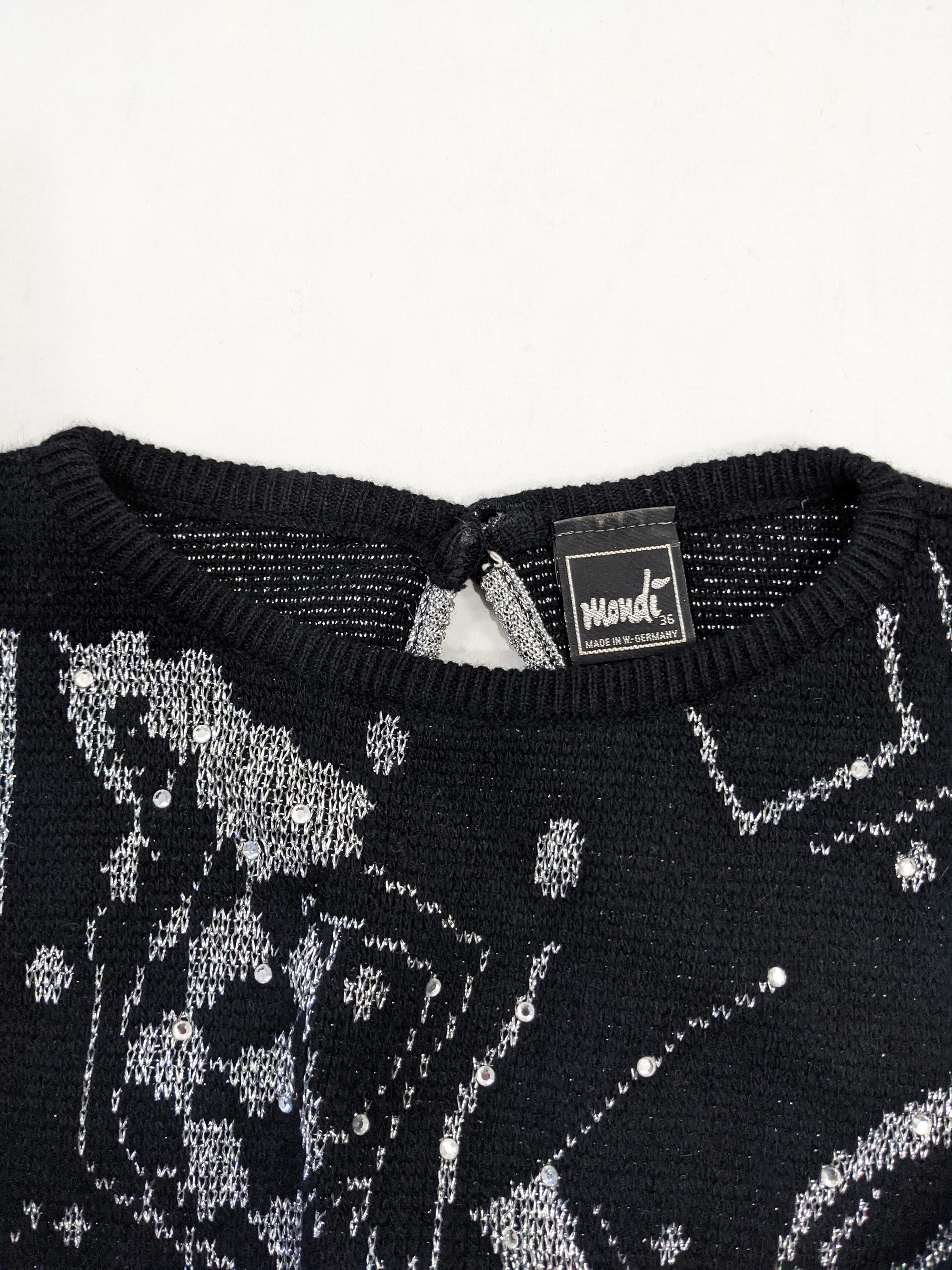 Mondi Vintage 80s Black & Silver Lurex Champagne Intarsia Knit Sweater, 1980s For Sale 1