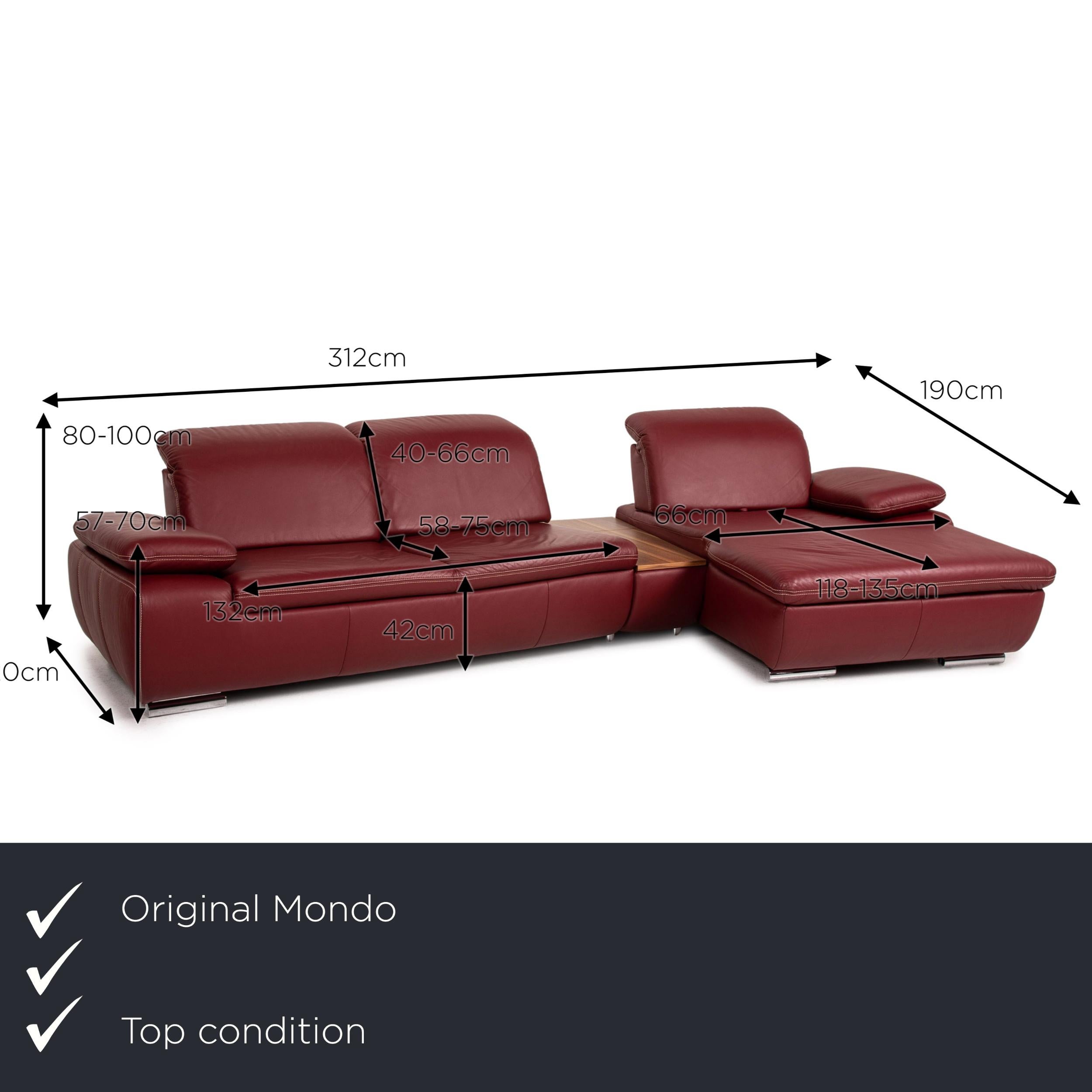 We present to you a Mondo Clair leather corner sofa red function couch.


 Product measurements in centimeters:
 

Depth: 120
Width: 312
Height: 80
Seat height: 42
Rest height: 57
Seat depth: 58
Seat width: 132
Back height: 40.
 