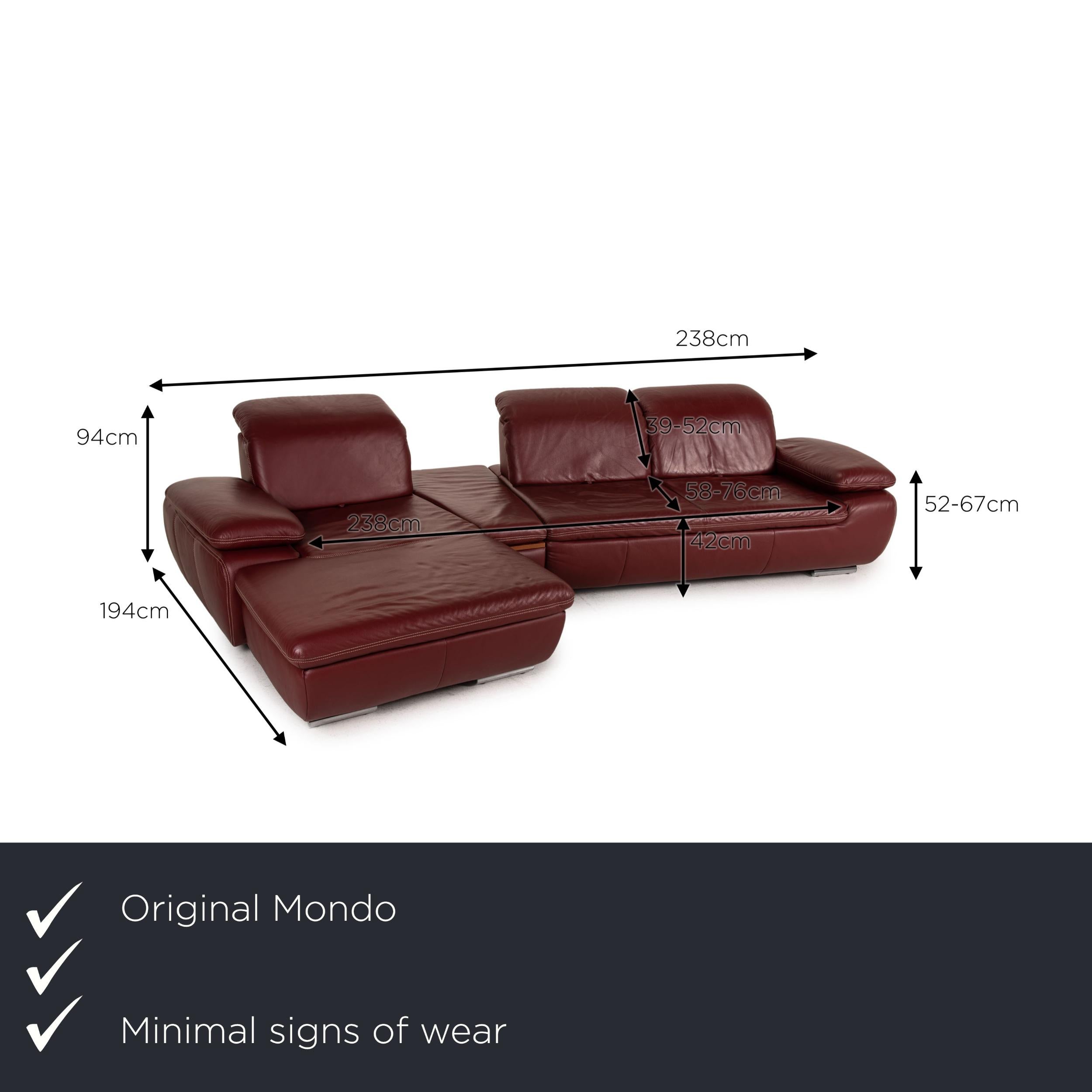 We present to you a Mondo Clair leather soda red corner sofa couch function.
  
 

 Product measurements in centimeters:
 

 depth: 194
 width: 328
 height: 94
 seat height: 42
 rest height: 52
 seat depth: 58
 seat width: 238
 back
