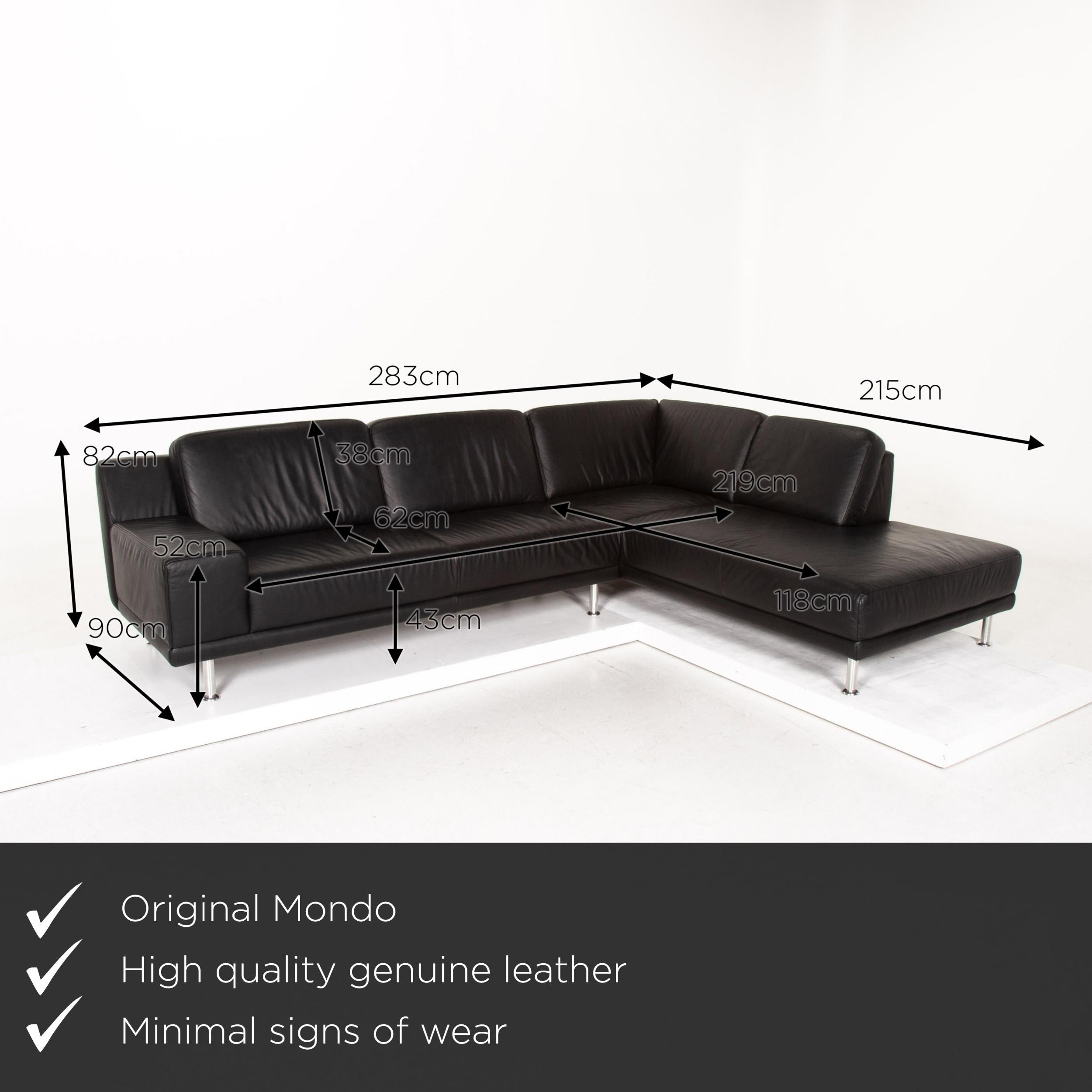 We present to you a Mondo leather corner sofa black sofa couch.


 Product measurements in centimeters:
 

Depth 90
Width 283
Height 82
Seat height 43
Rest height 52
Seat depth 62
Seat width 219
Back height 38.

 