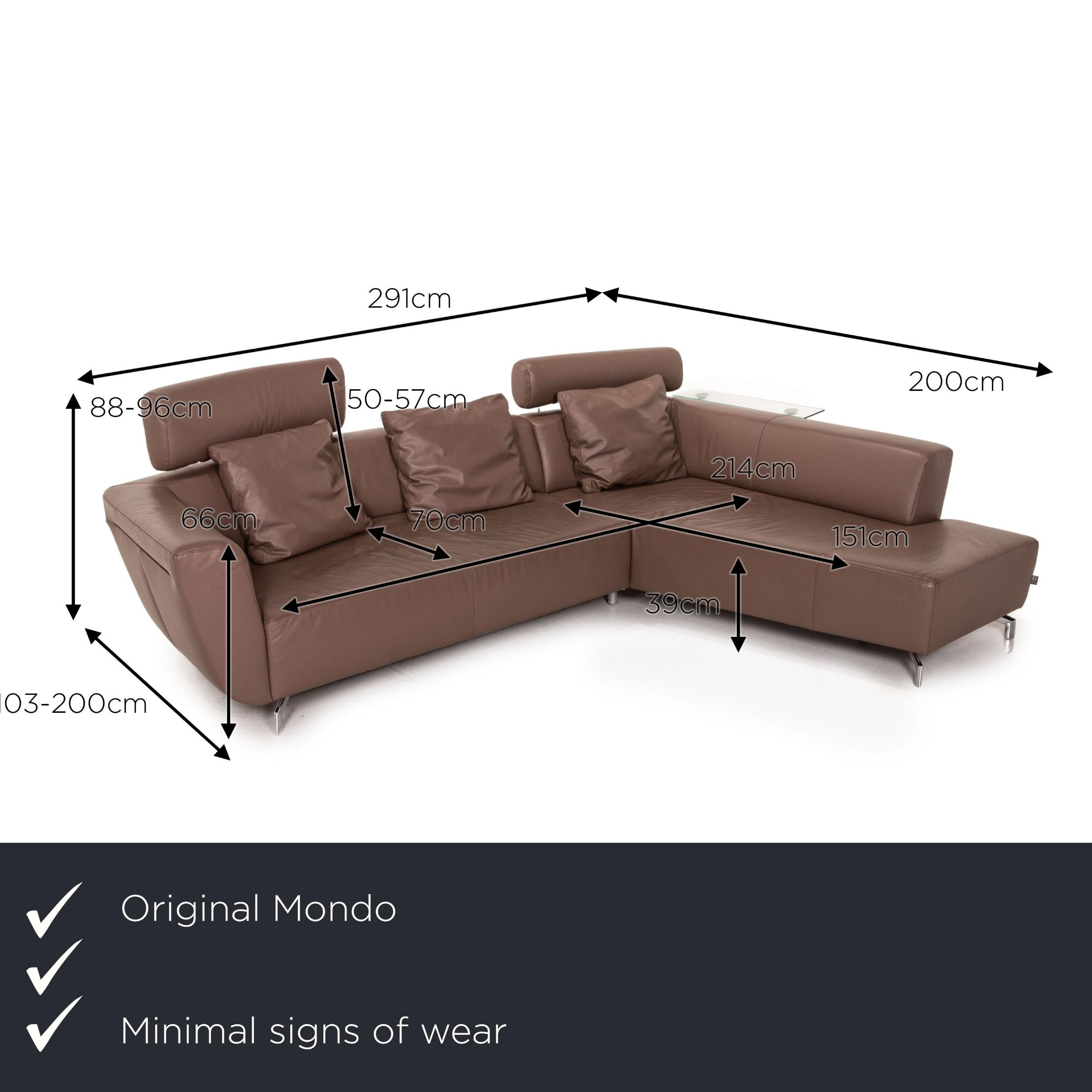 We present to you a Mondo leather corner sofa gray brown function sofa couch.


 Product measurements in centimeters:
 

Depth: 103
Width: 291
Height: 88
Seat height: 39
Rest height: 66
Seat depth: 70
Seat width: 214
Back height: 50.
 