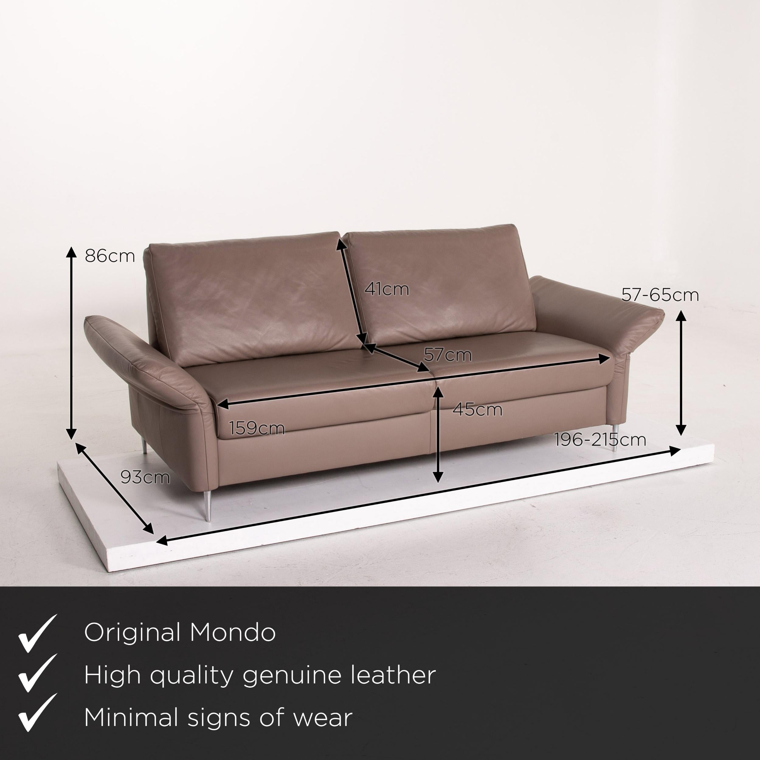 We present to you a Mondo leather sofa beige three-seat function couch.

 

 Product measurements in centimeters:
 

Depth 93
Width 215
Height 86
Seat height 45
Rest height 65
Seat depth 57
Seat width 159
Back height 41.
