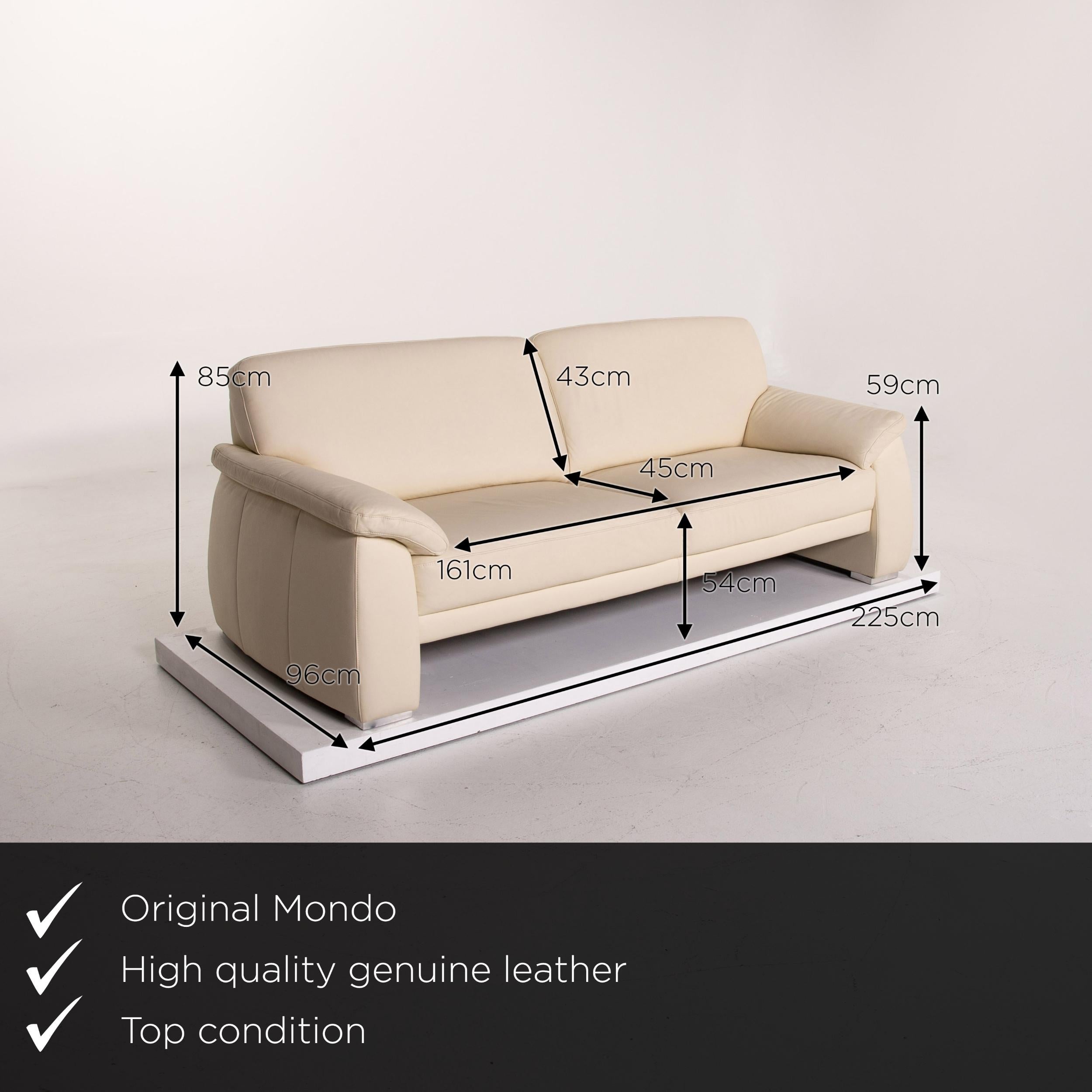 We present to you a Mondo leather sofa cream three-seat couch.
 

 Product Measurements in centimeters:
 

Depth 93
Width 225
Height 85
Seat height 54
Rest height 59
Seat depth 45
Seat width 161
Back height 43.
 