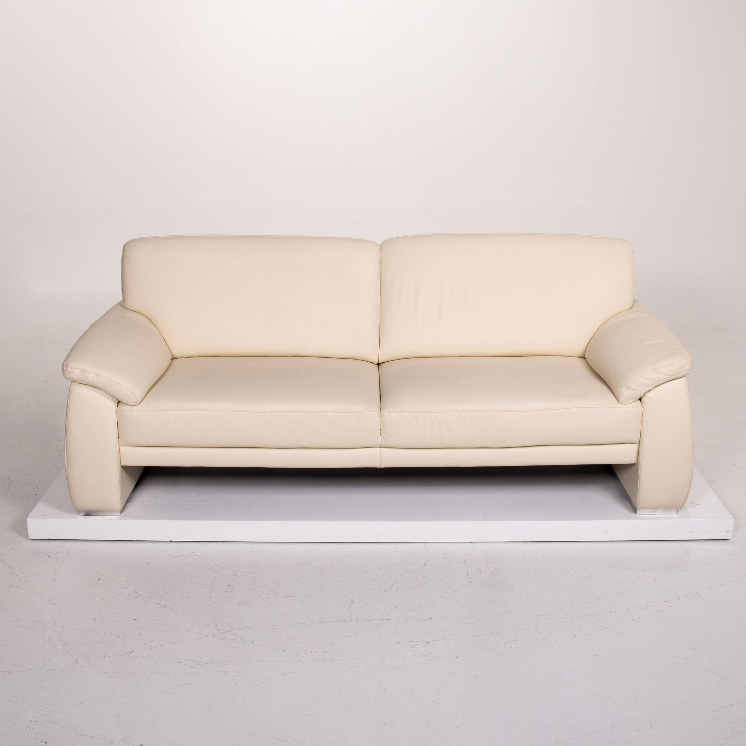 Contemporary Mondo Leather Sofa Cream Three-Seat Couch
