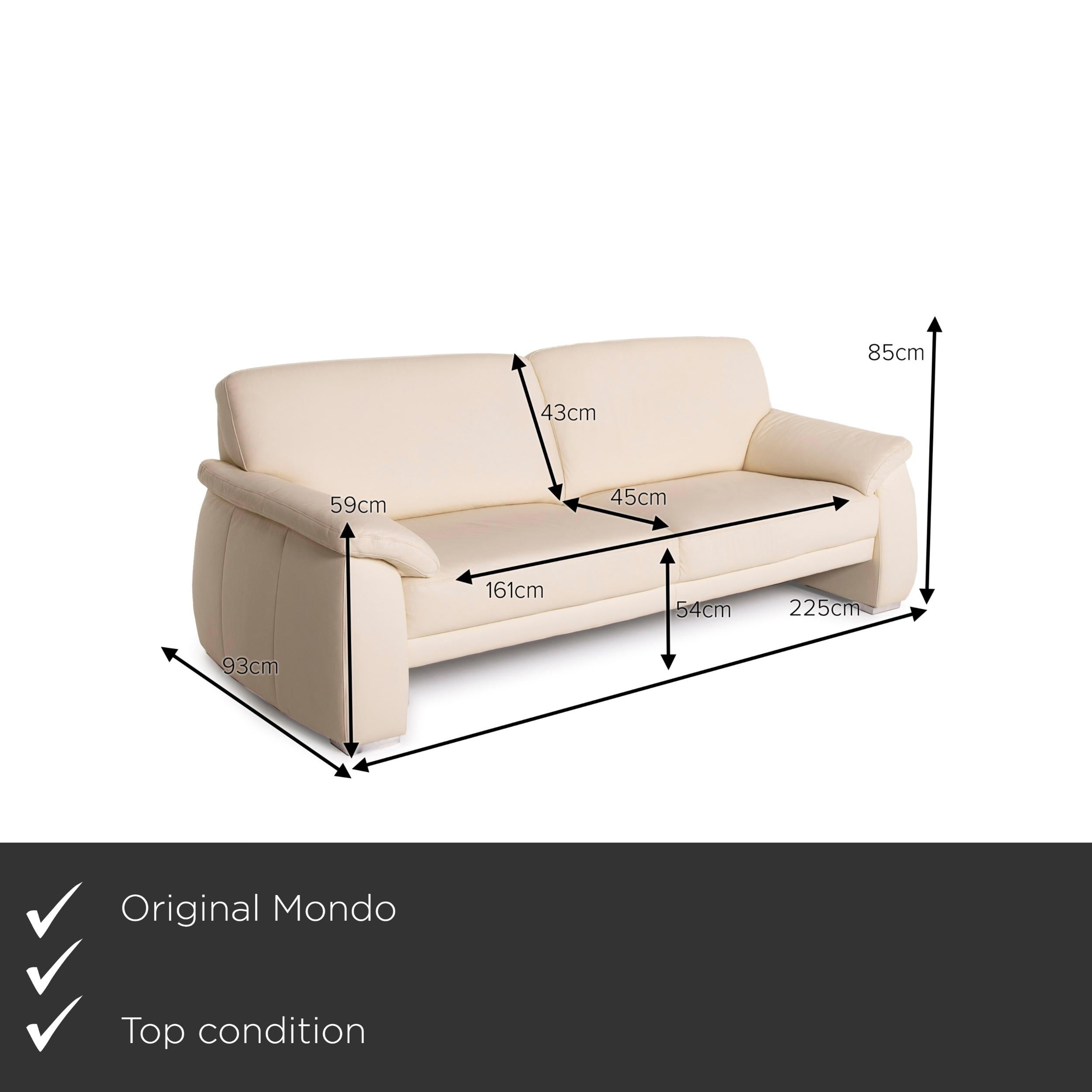 We present to you a Mondo leather sofa cream three-seater.
 
 

 Product measurements in centimeters:
 

Depth: 93
Width: 225
Height: 85
Seat height: 54
Rest height: 59
Seat depth: 45
Seat width: 161
Back height: 43.