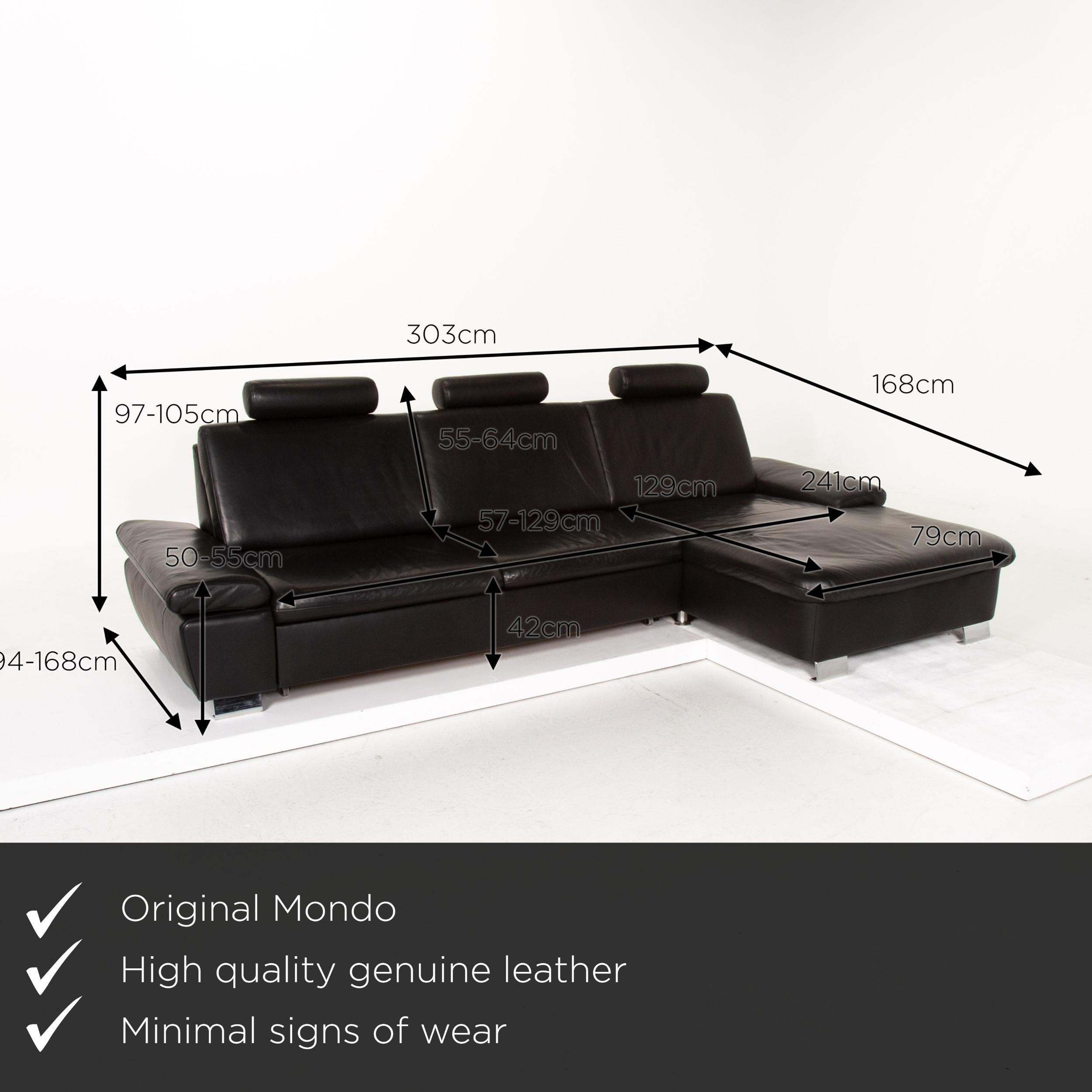 We present to you a Mondo leather sofa set black 1x corner sofa 1x stool sleep function.

Product measurements in centimeters:

Depth 94
Width 303
Height 97
Seat height 42
Rest height 50
Seat depth 57
Seat width 241
Back height