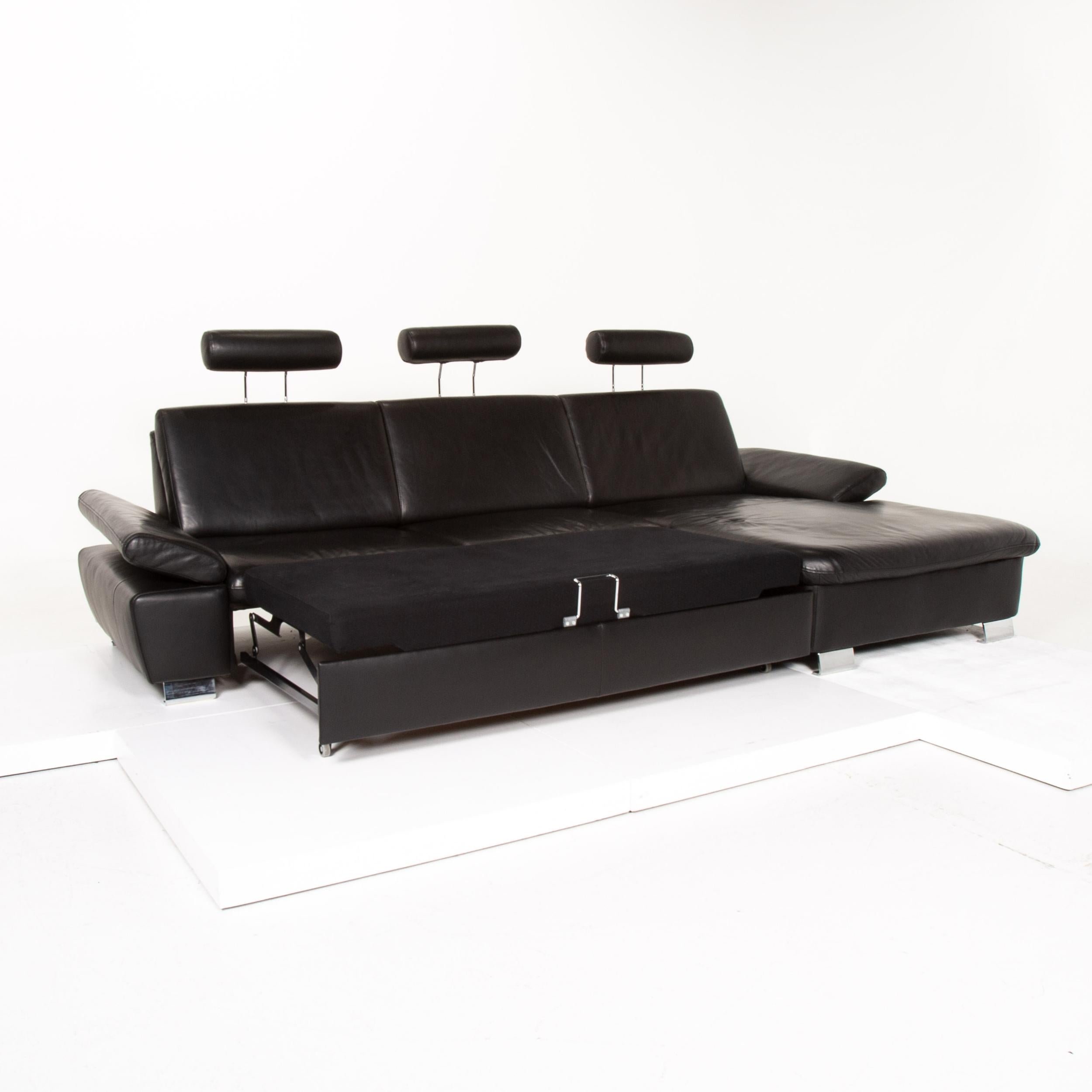 Modern Mondo Leather Sofa Set Black 1 Corner Sofa 1 Stool Sleep Function For Sale