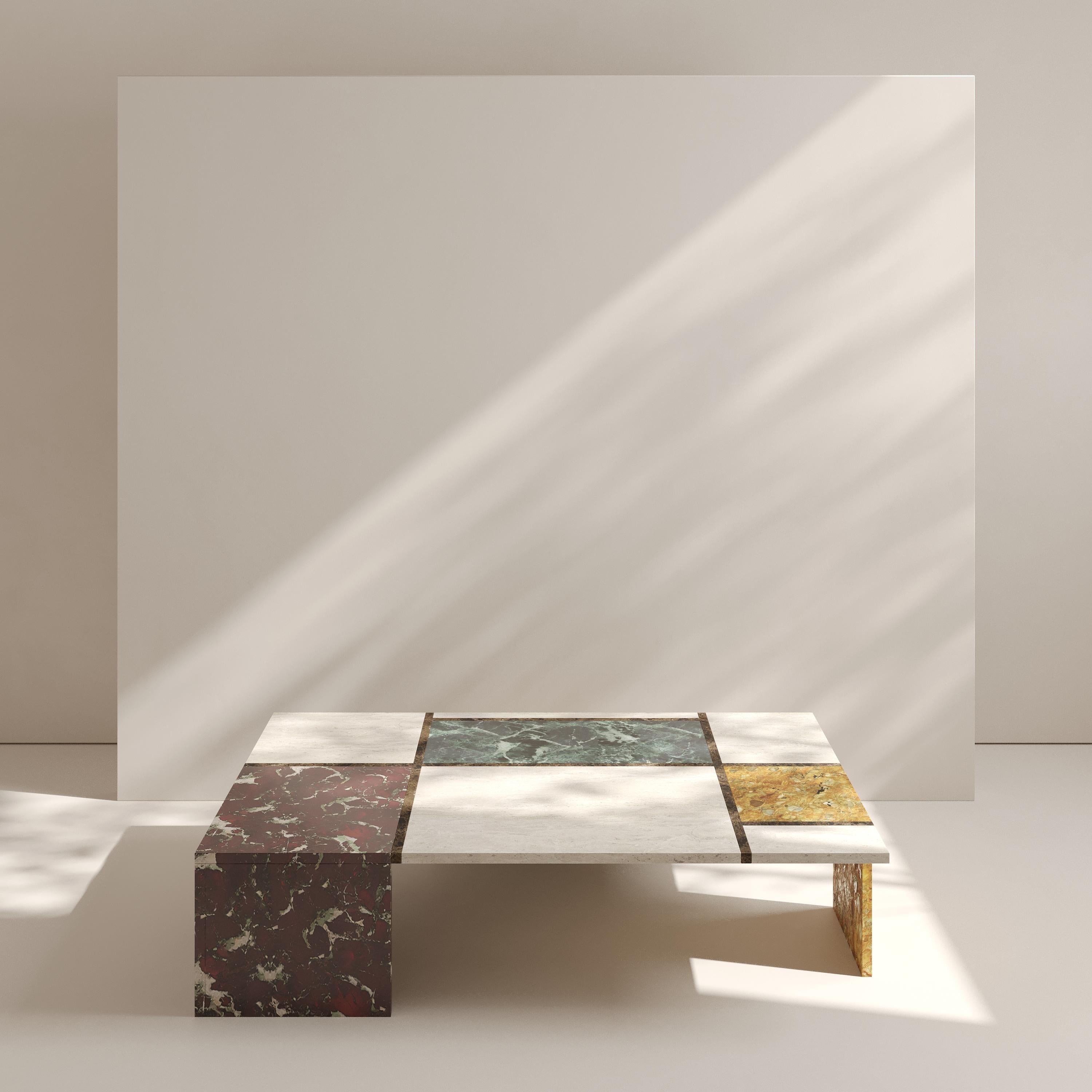 Mondrian coffee table, limited edition by Gabriela Campos 
Edition 1 of 8 
Dimensions: 59,06 x 39.37 x 15.74 in 
Materials: Composition of Marble
Travertine  Verde Alpi  Yellow Bamboo  Marrom Imperador  Rosso Fiorentino

A direct dialogue with the