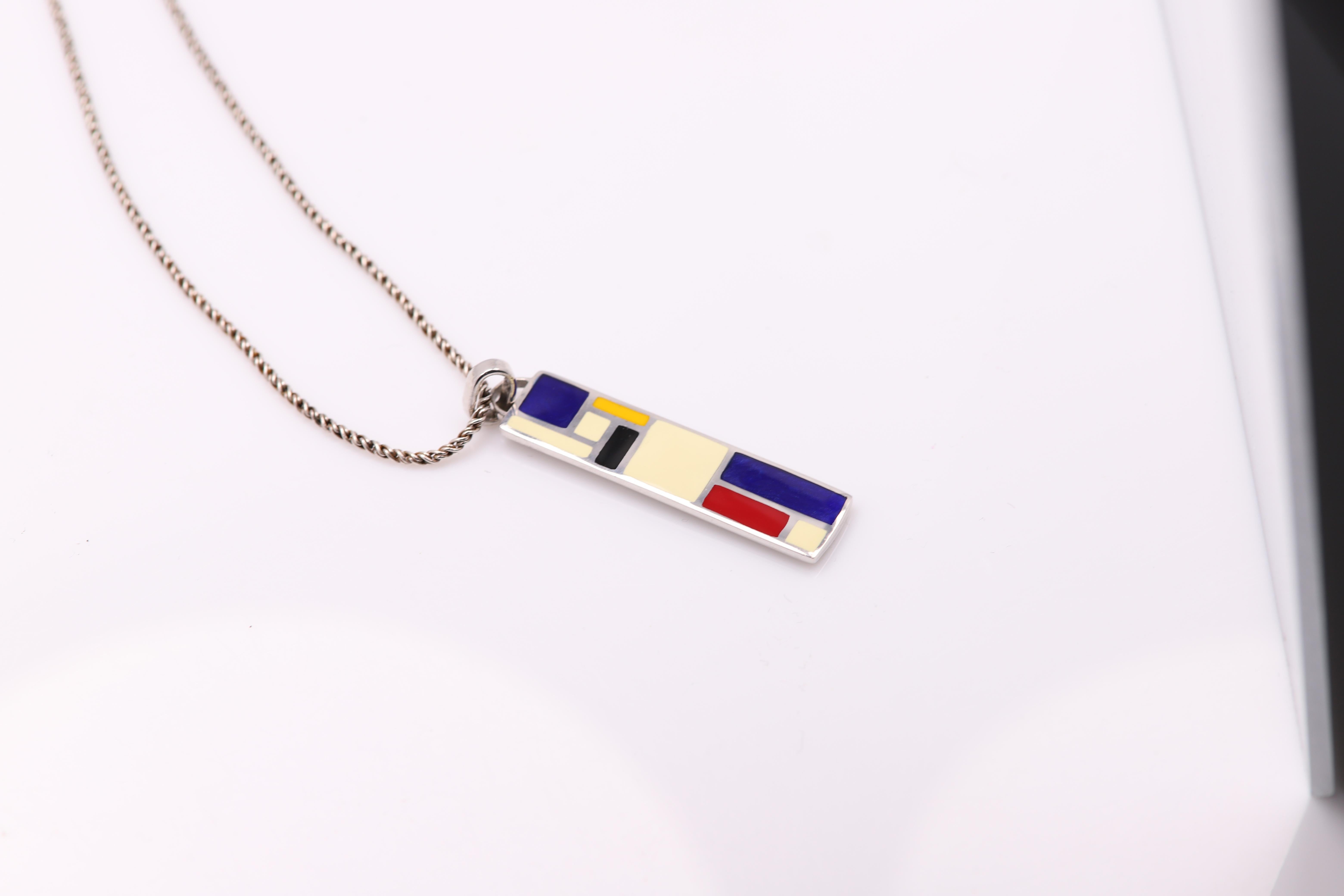 Mondrian Inspired Art Pendant Sterling Silver Enamel Fine Art Jewelry In New Condition For Sale In Brooklyn, NY