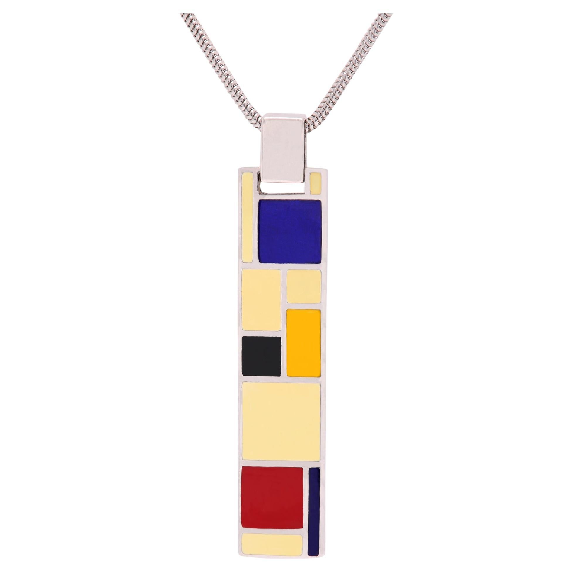 Mondrian Inspired Art Pendant Sterling Silver Enamel Fine Art Jewelry For Sale