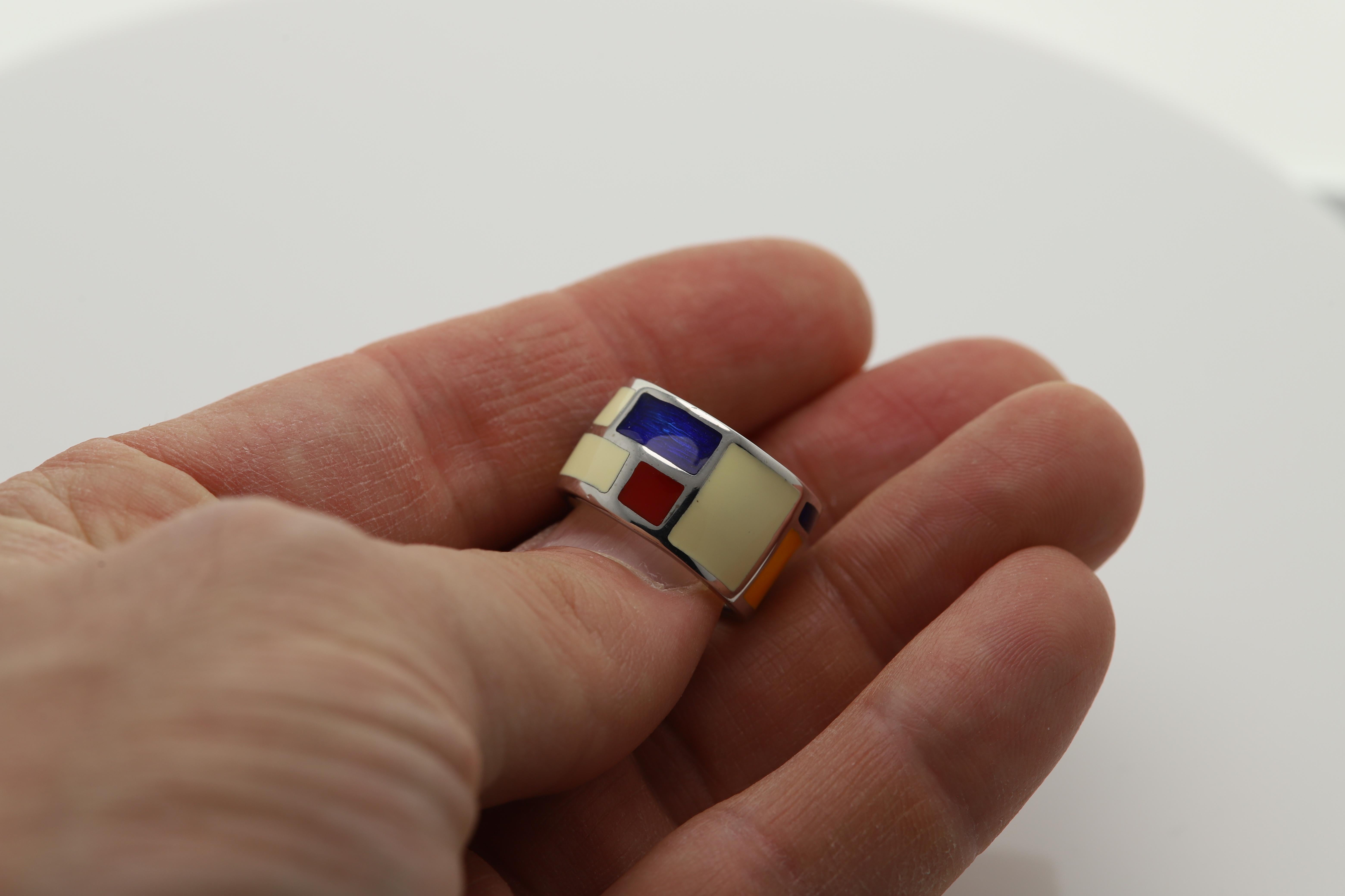 Women's Mondrian Inspired Art Ring Sterling Silver Made In Italy Enamel Fine Art Ring  For Sale