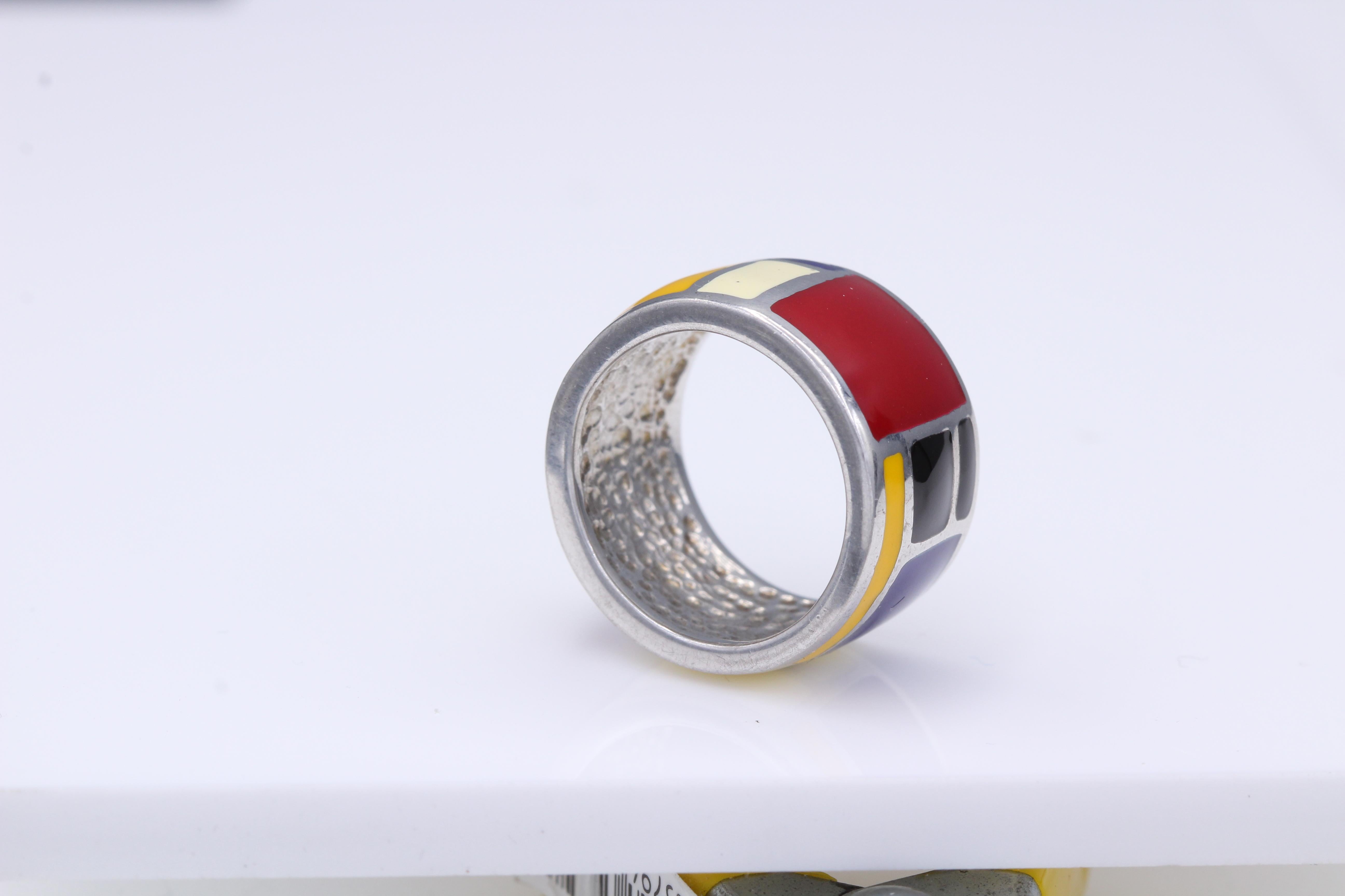Art Ring Sterling Silver famous artist Mondrian Enamel Inspired Artistic Ring For Sale 3