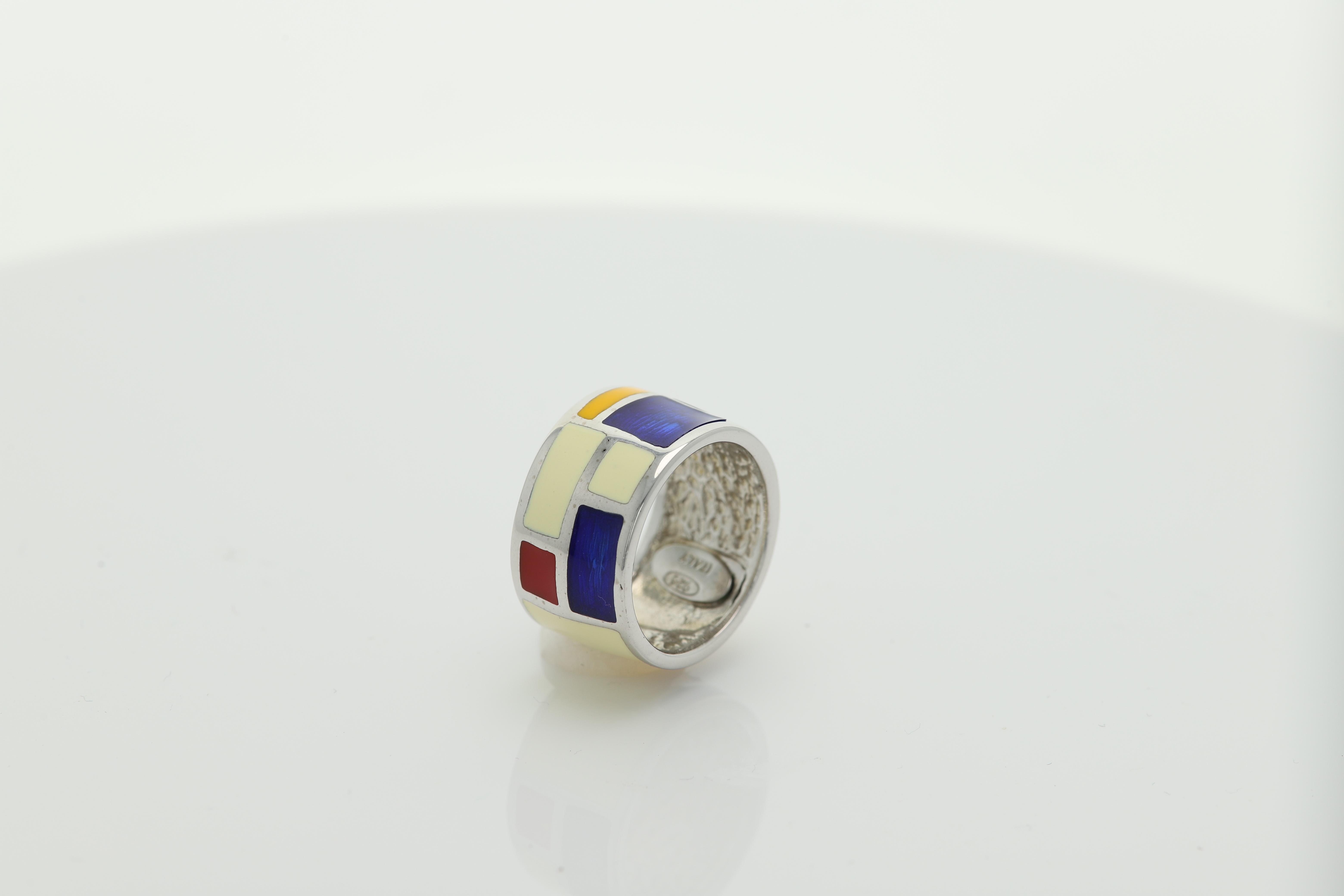 Art Ring Sterling Silver famous artist Mondrian Enamel Inspired Artistic Ring For Sale 4