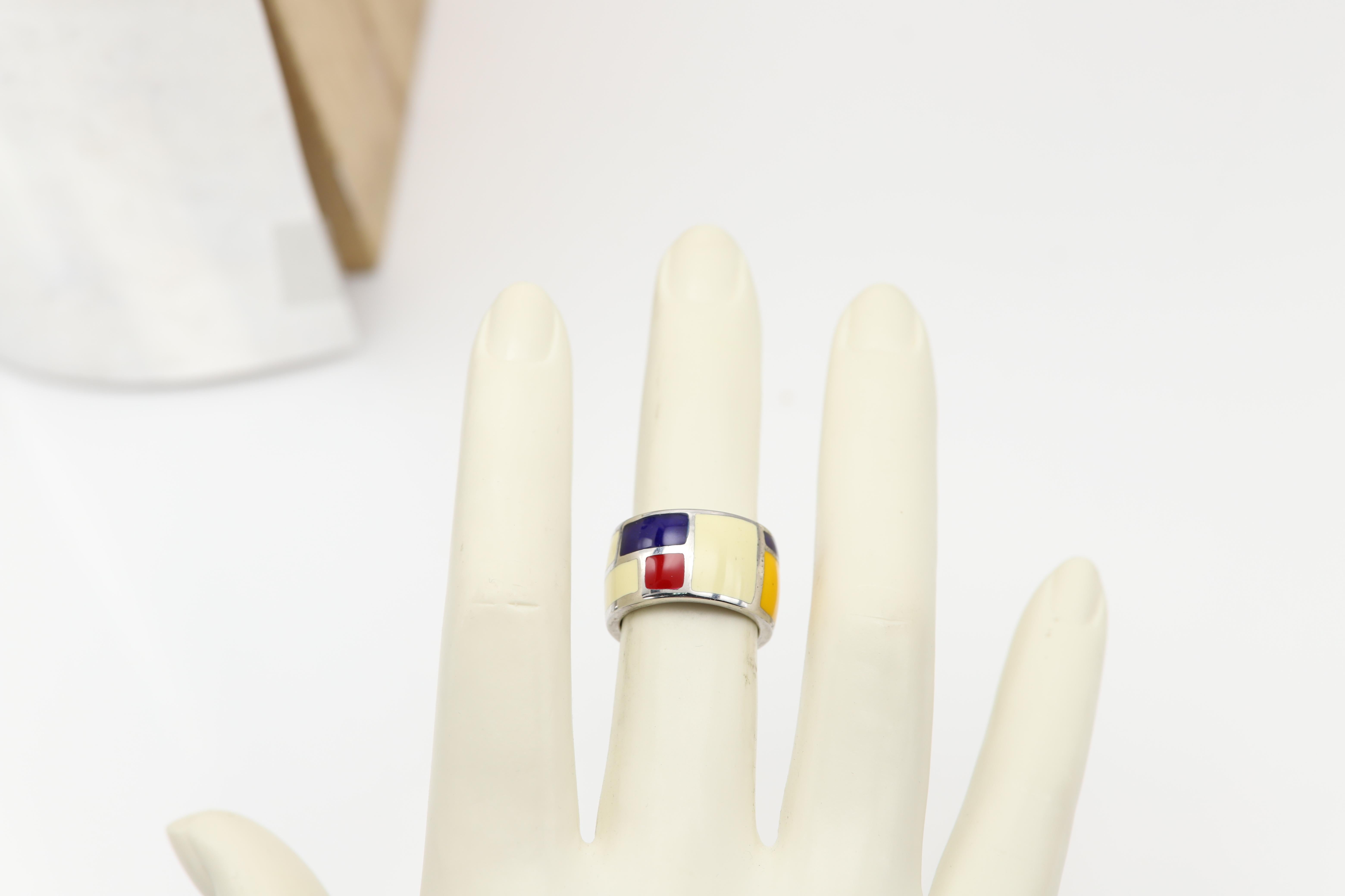 Art Ring Sterling Silver famous artist Mondrian Enamel Inspired Artistic Ring For Sale 5