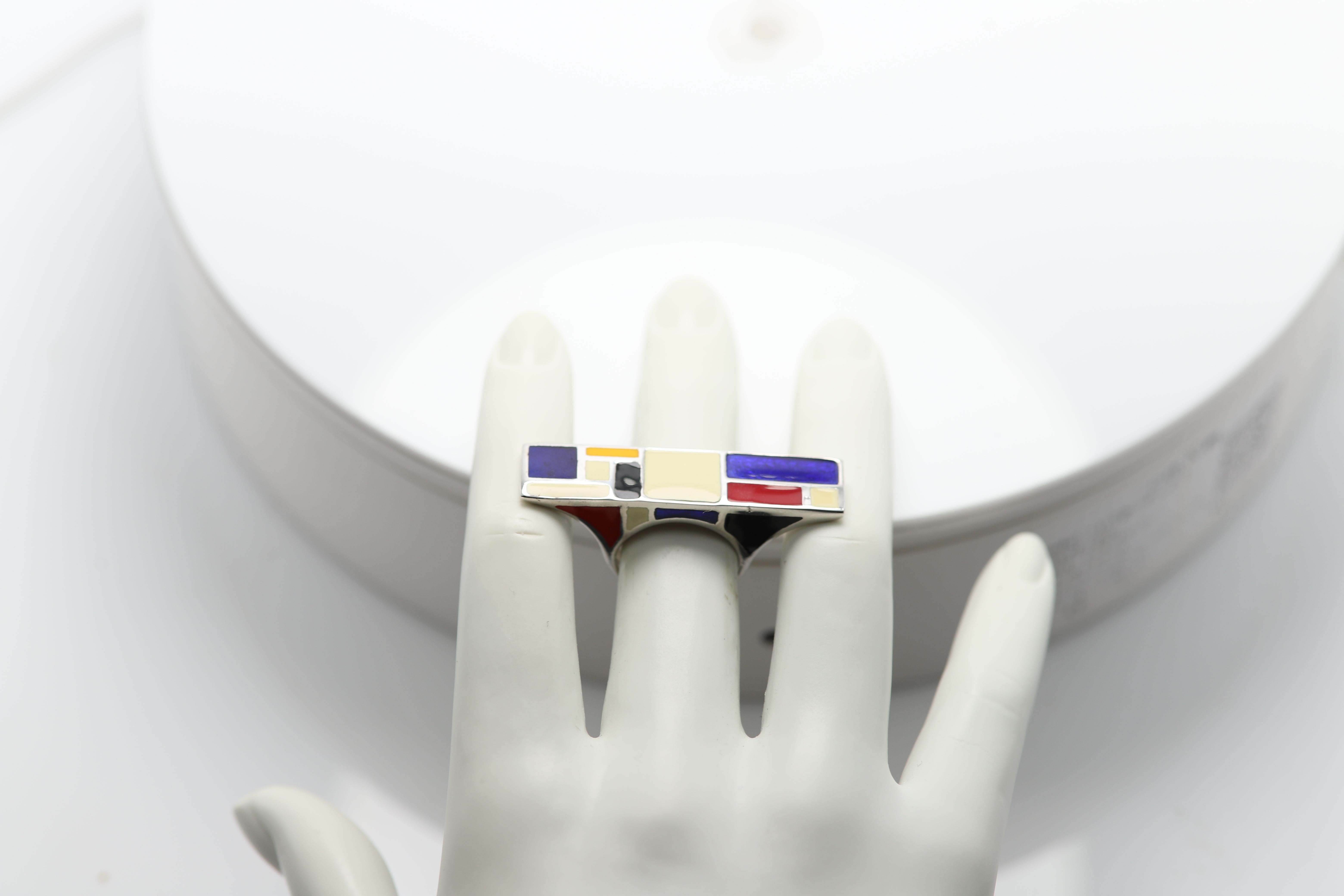 Mondrian Inspired Art Ring Sterling Silver Made in Italy Enamel Fine Art Ring In New Condition For Sale In Brooklyn, NY